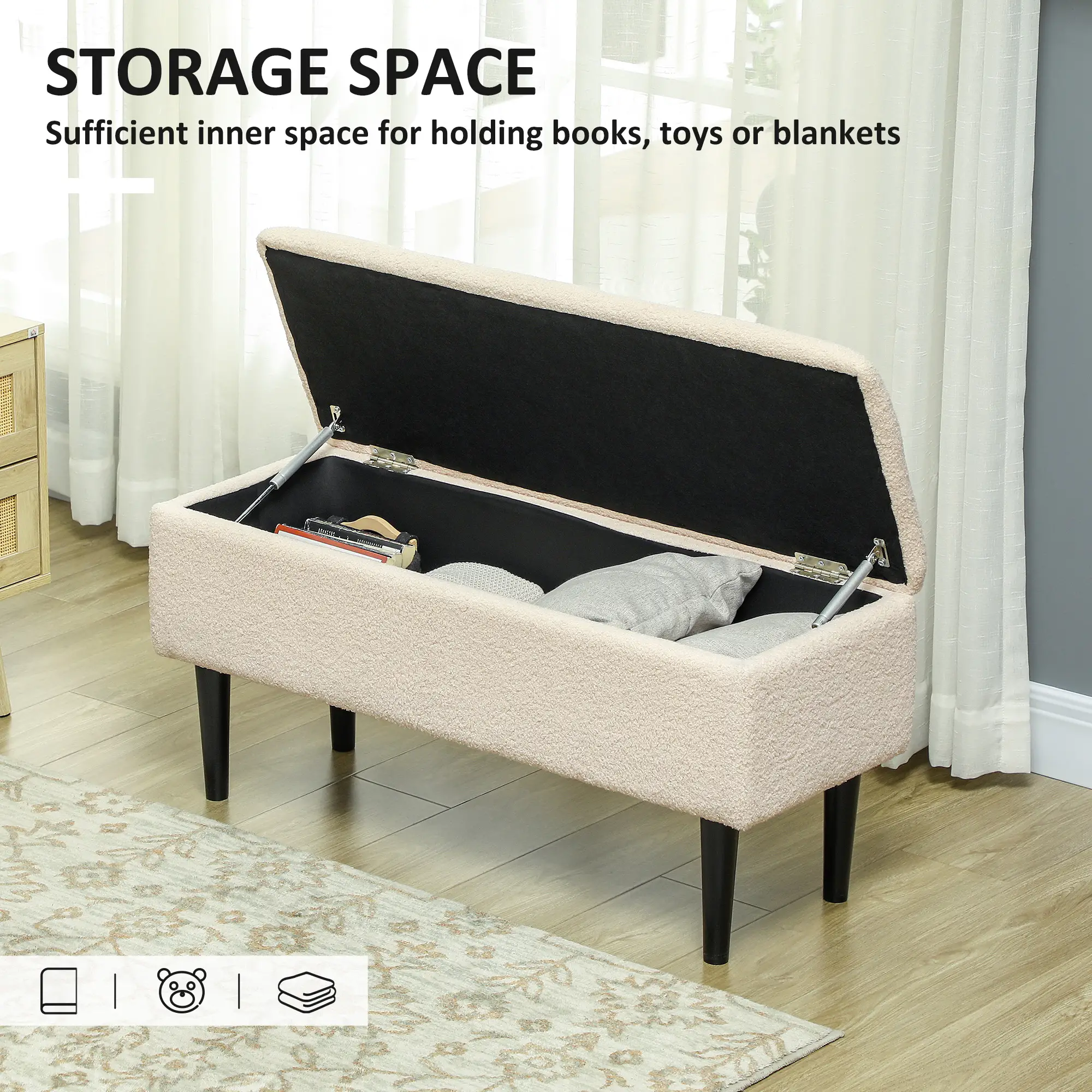 Storage Ottoman Bench 95 x 38 x 45cm - Cream White, Black - 4