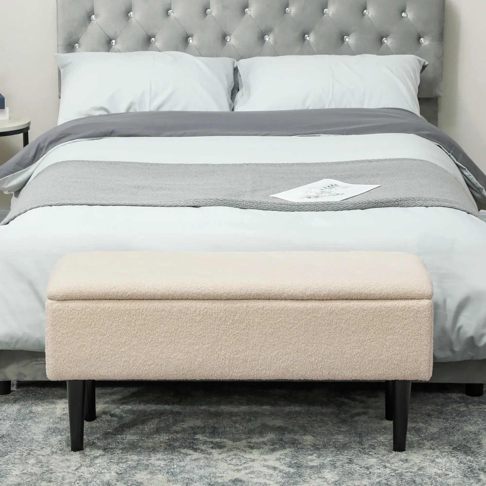 Storage Ottoman Bench 95 x 38 x 45cm - Cream White, Black - 8