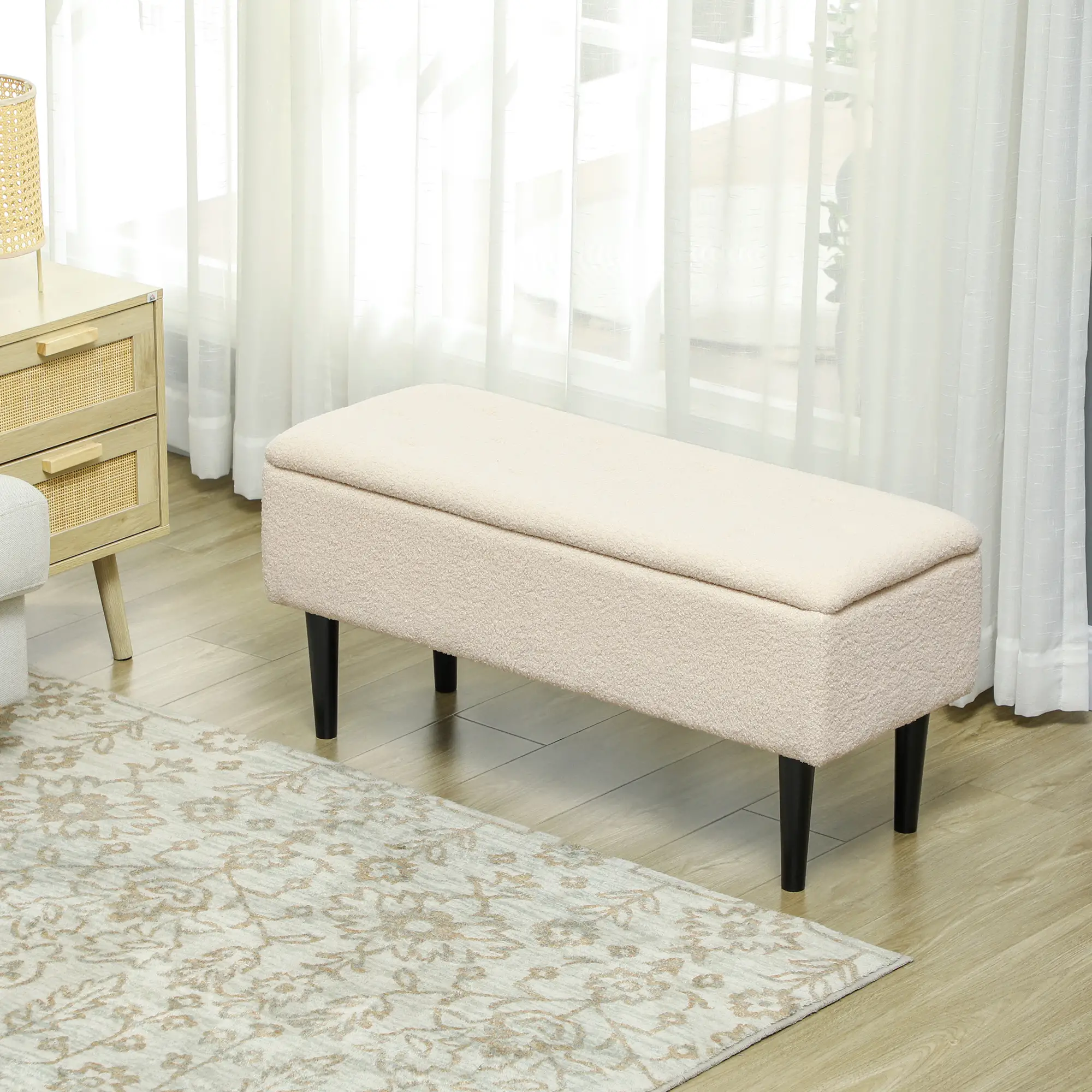 Storage Ottoman Bench 95 x 38 x 45cm - Cream White, Black - 10