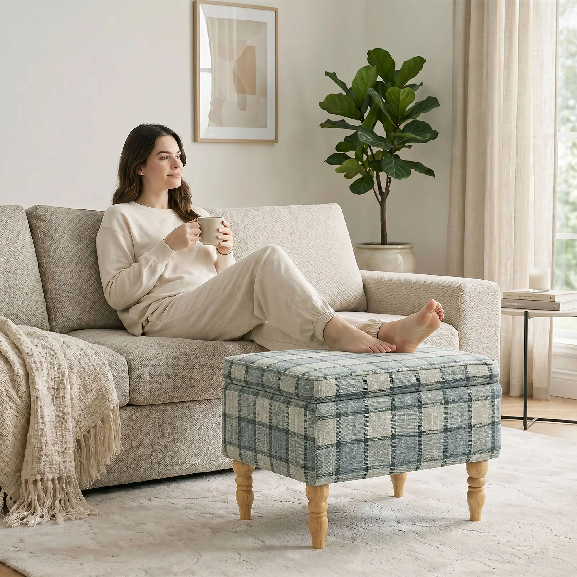 Linen Storage Ottoman 50 x 38 x 39cm - Grey Plaid, Natural Wood - 2