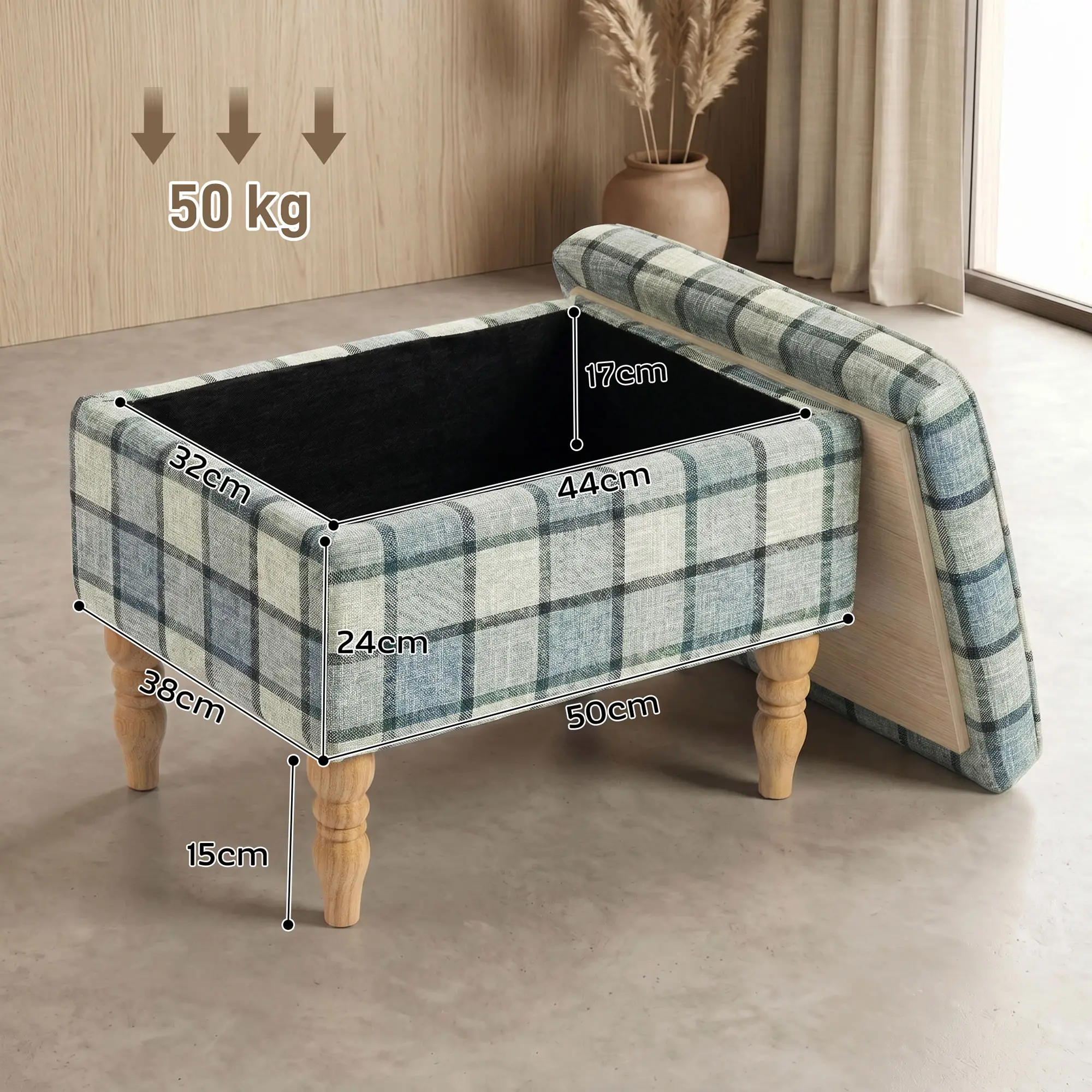 Linen Storage Ottoman 50 x 38 x 39cm - Grey Plaid, Natural Wood - 3