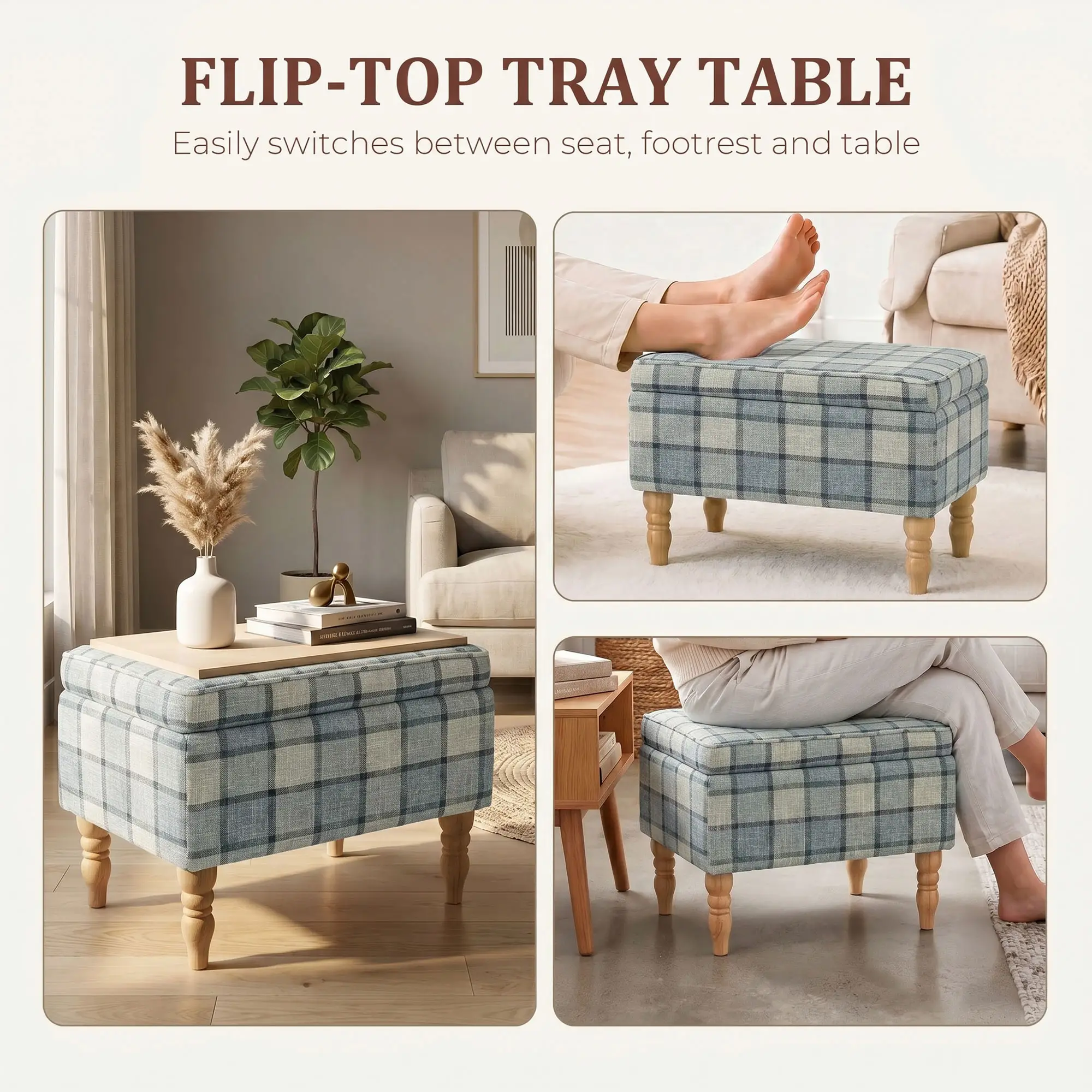 Linen Storage Ottoman 50 x 38 x 39cm - Grey Plaid, Natural Wood - 4