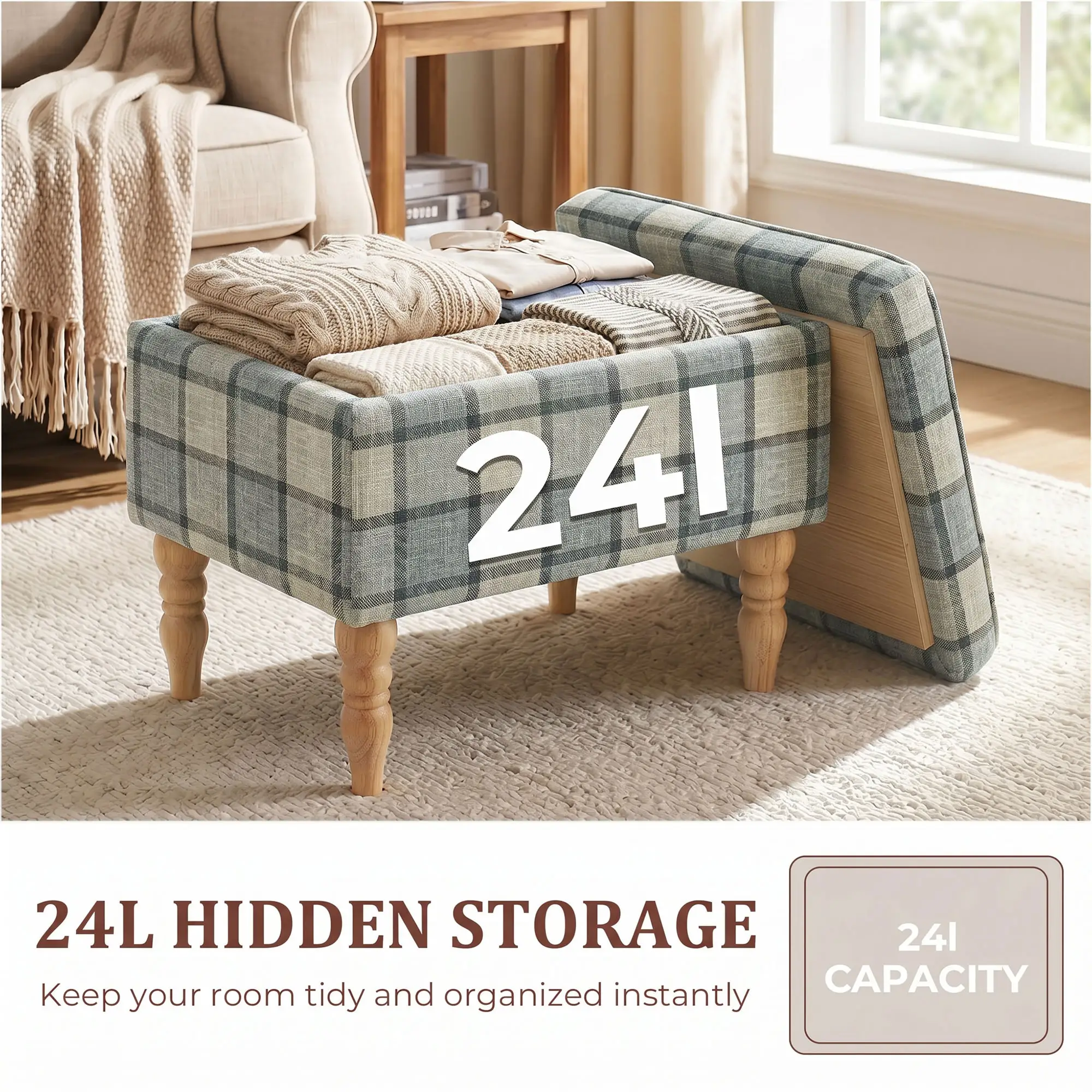 Linen Storage Ottoman 50 x 38 x 39cm - Grey Plaid, Natural Wood - 5