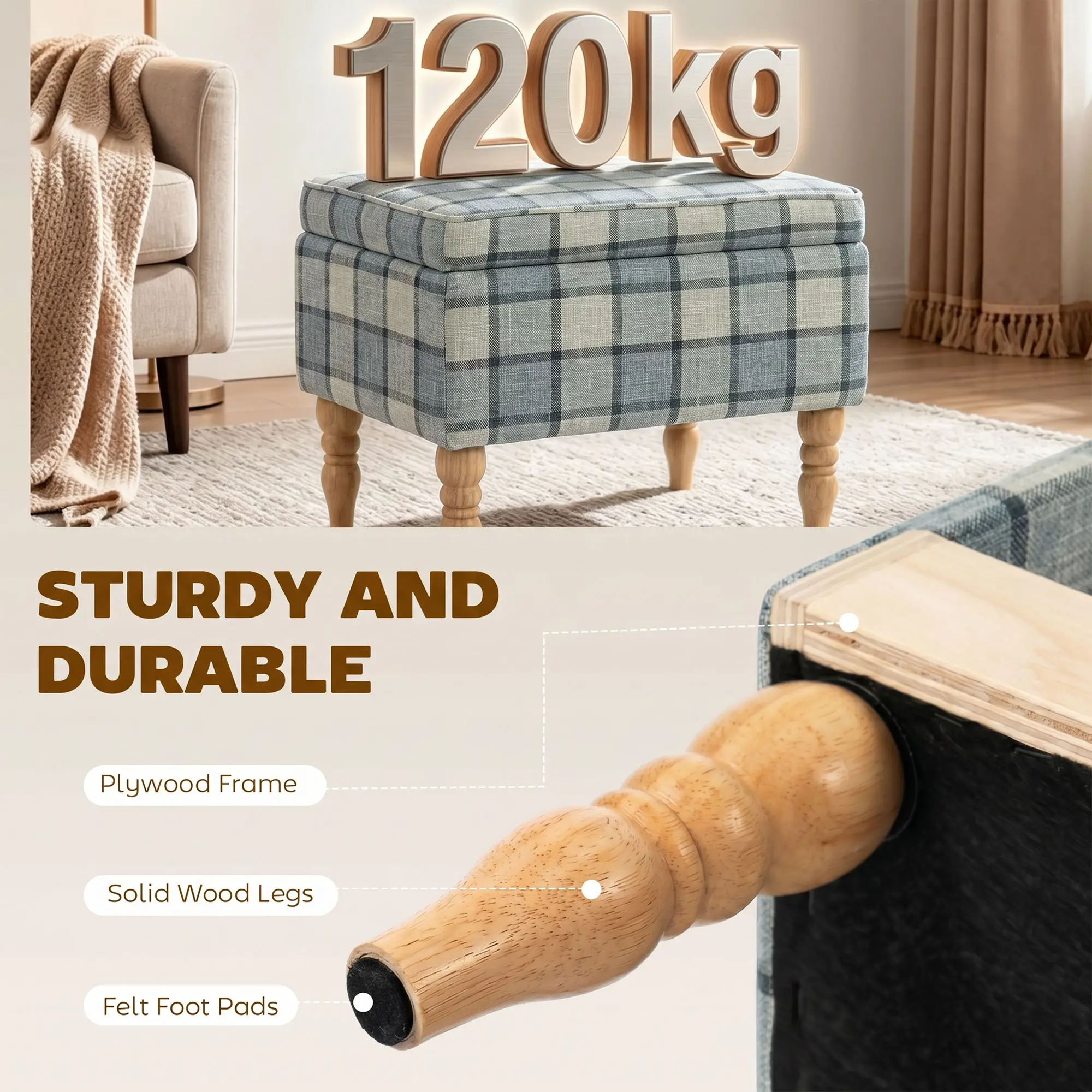 Linen Storage Ottoman 50 x 38 x 39cm - Grey Plaid, Natural Wood - 6