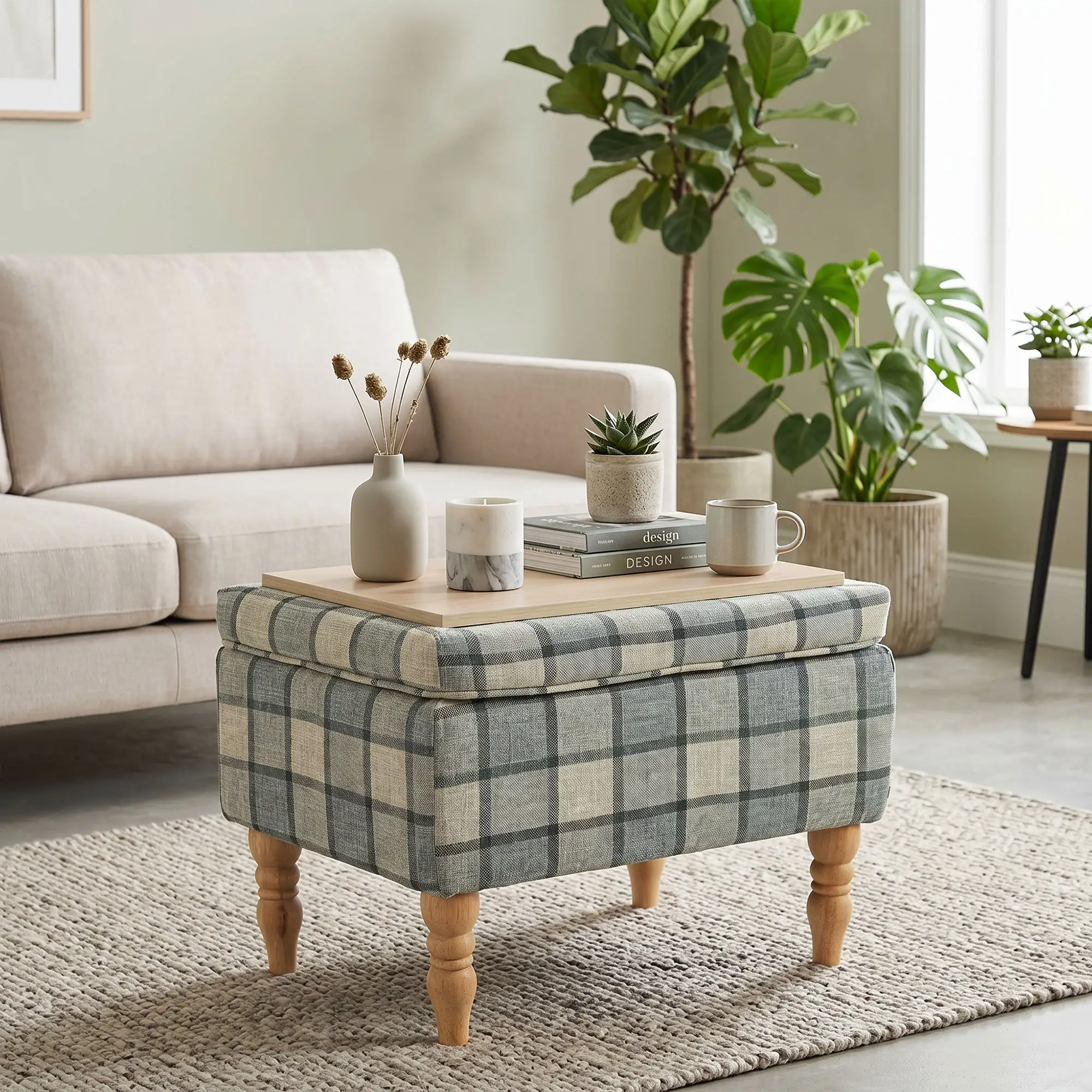 Linen Storage Ottoman 50 x 38 x 39cm - Grey Plaid, Natural Wood - 7
