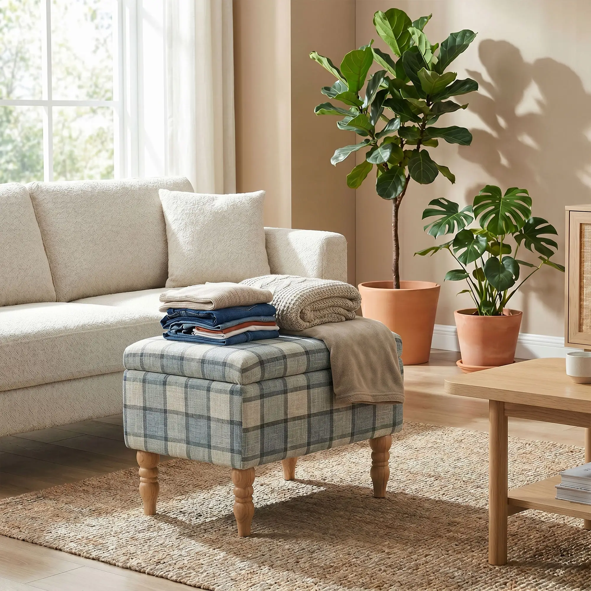 Linen Storage Ottoman 50 x 38 x 39cm - Grey Plaid, Natural Wood - 8