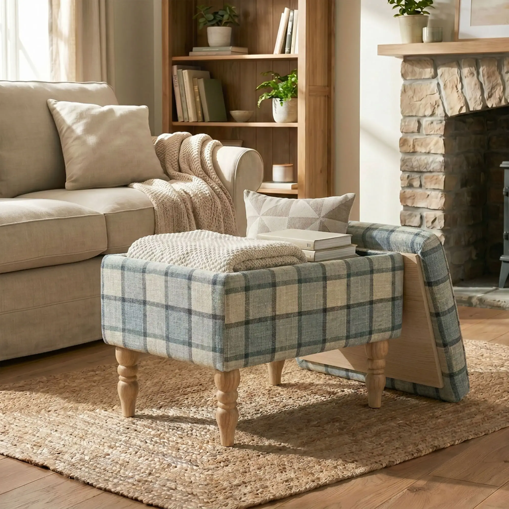 Linen Storage Ottoman 50 x 38 x 39cm - Grey Plaid, Natural Wood - 13