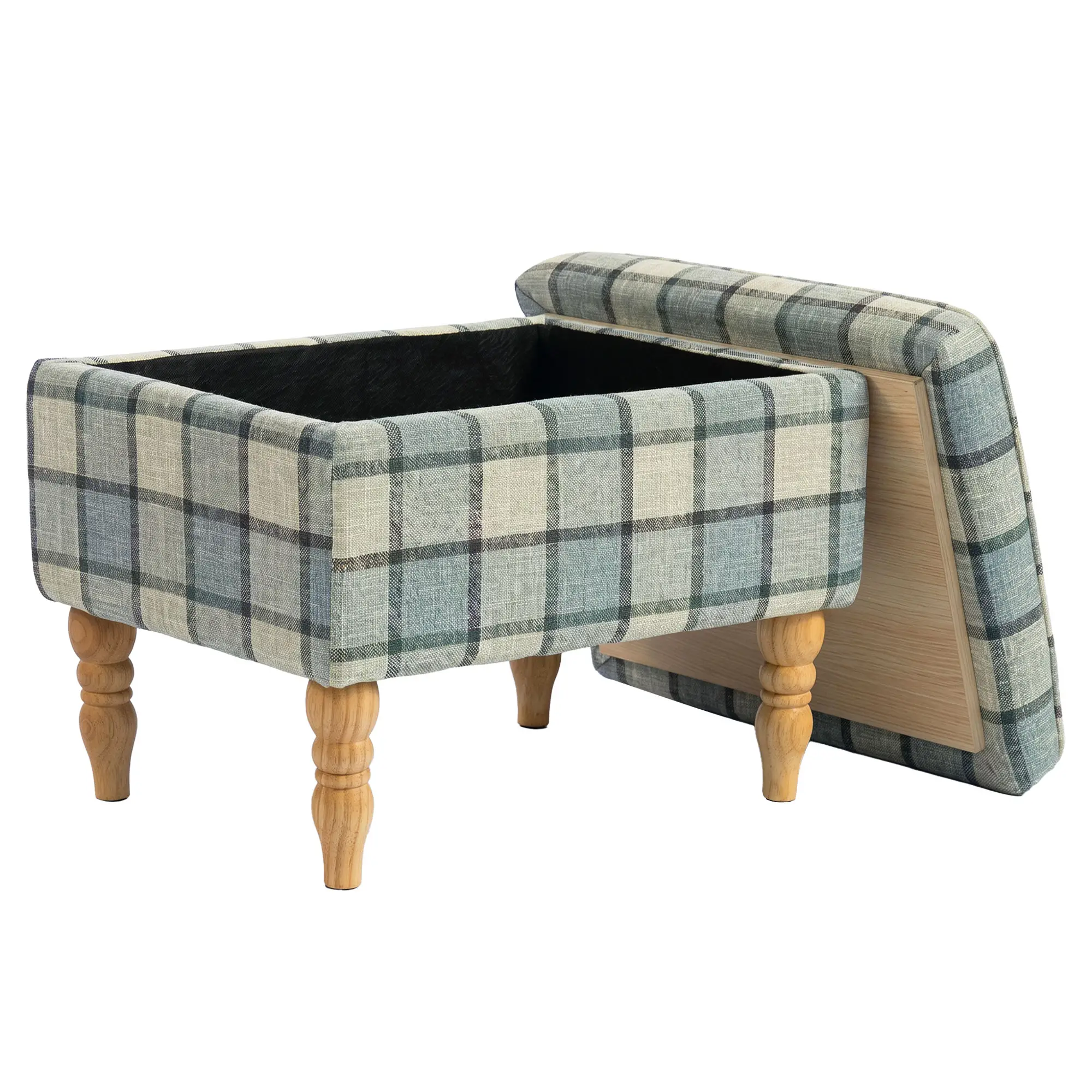Linen Storage Ottoman 50 x 38 x 39cm - Grey Plaid, Natural Wood - 14