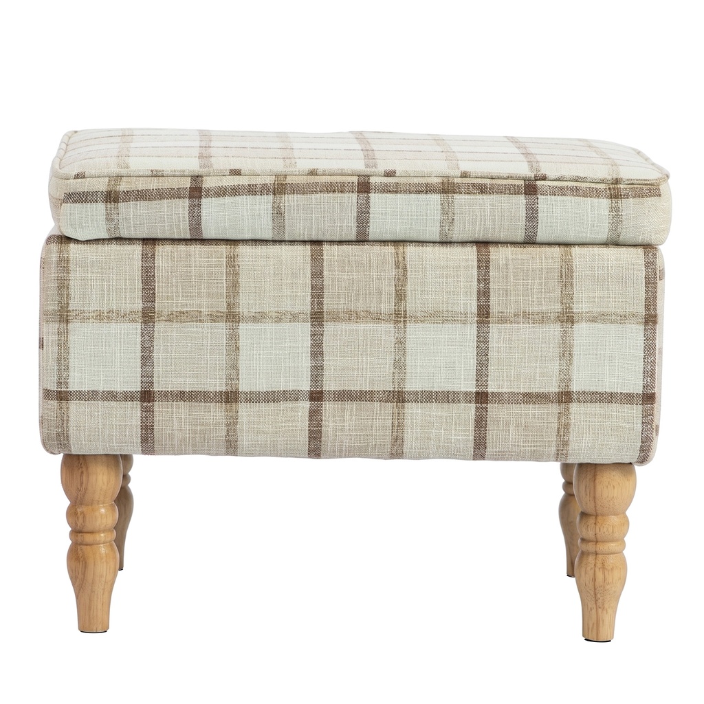 Linen Storage Ottoman 50 x 38 x 39cm - Brown Plaid, Natural Wood - 1