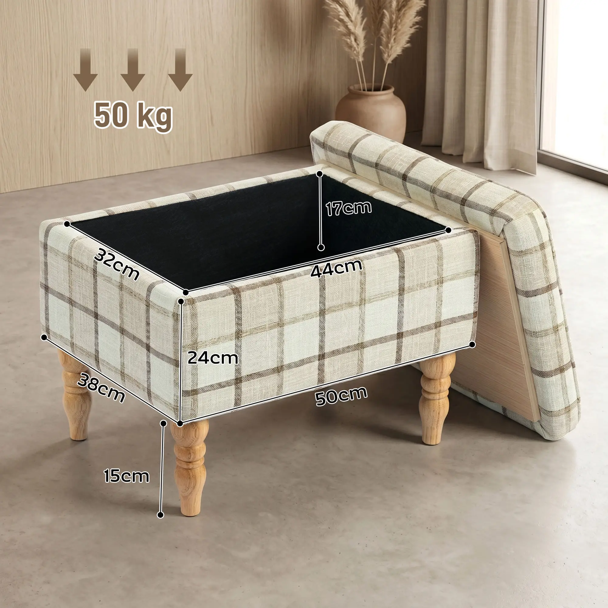 Linen Storage Ottoman 50 x 38 x 39cm - Brown Plaid, Natural Wood - 3