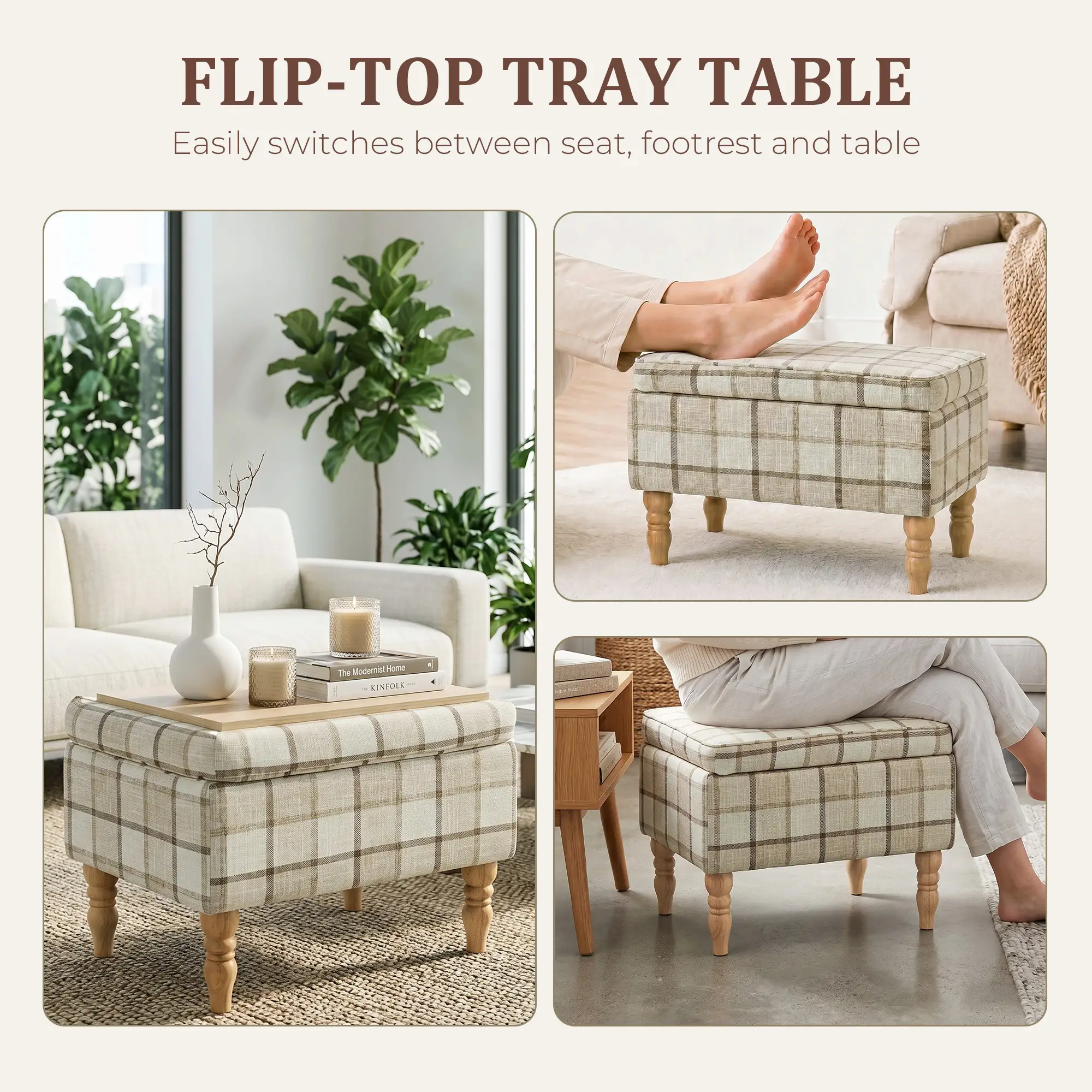 Linen Storage Ottoman 50 x 38 x 39cm - Brown Plaid, Natural Wood - 4