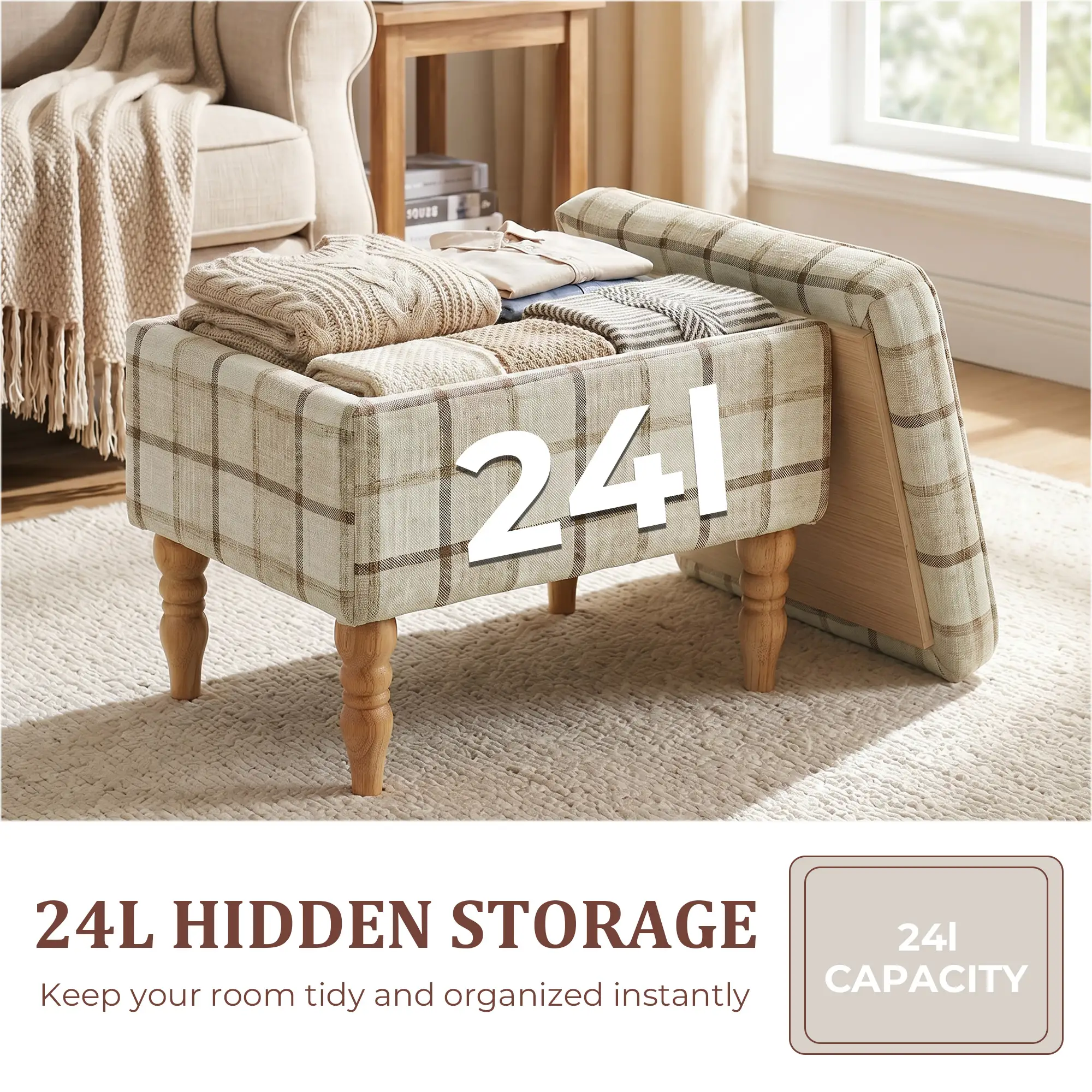 Linen Storage Ottoman 50 x 38 x 39cm - Brown Plaid, Natural Wood - 5