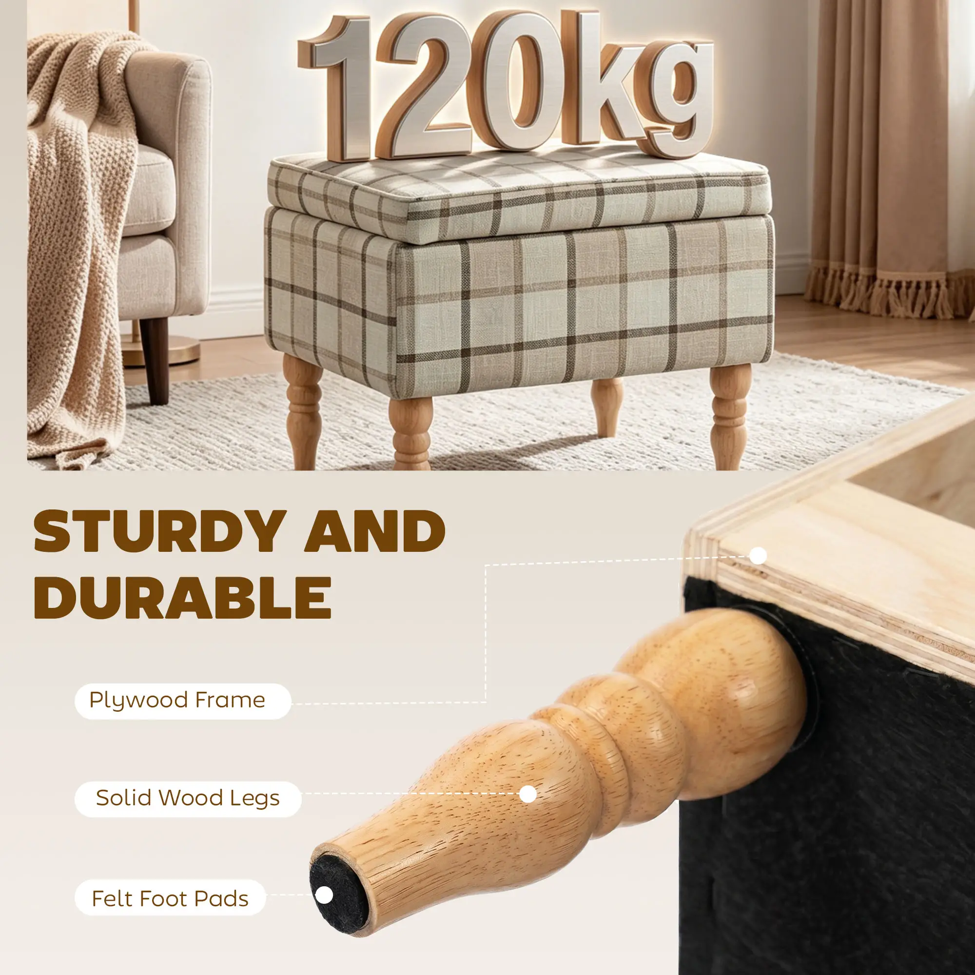 Linen Storage Ottoman 50 x 38 x 39cm - Brown Plaid, Natural Wood - 6