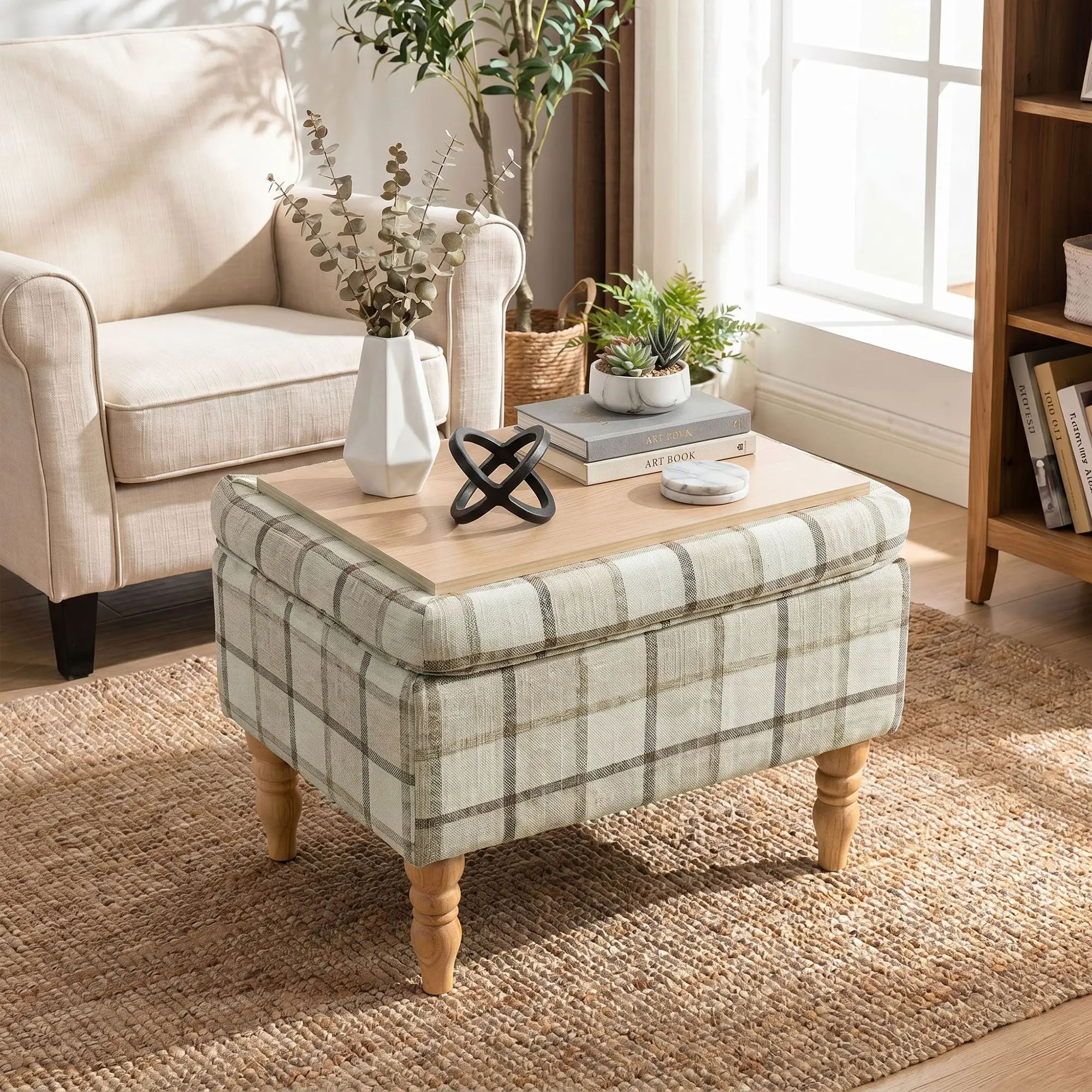 Linen Storage Ottoman 50 x 38 x 39cm - Brown Plaid, Natural Wood - 7