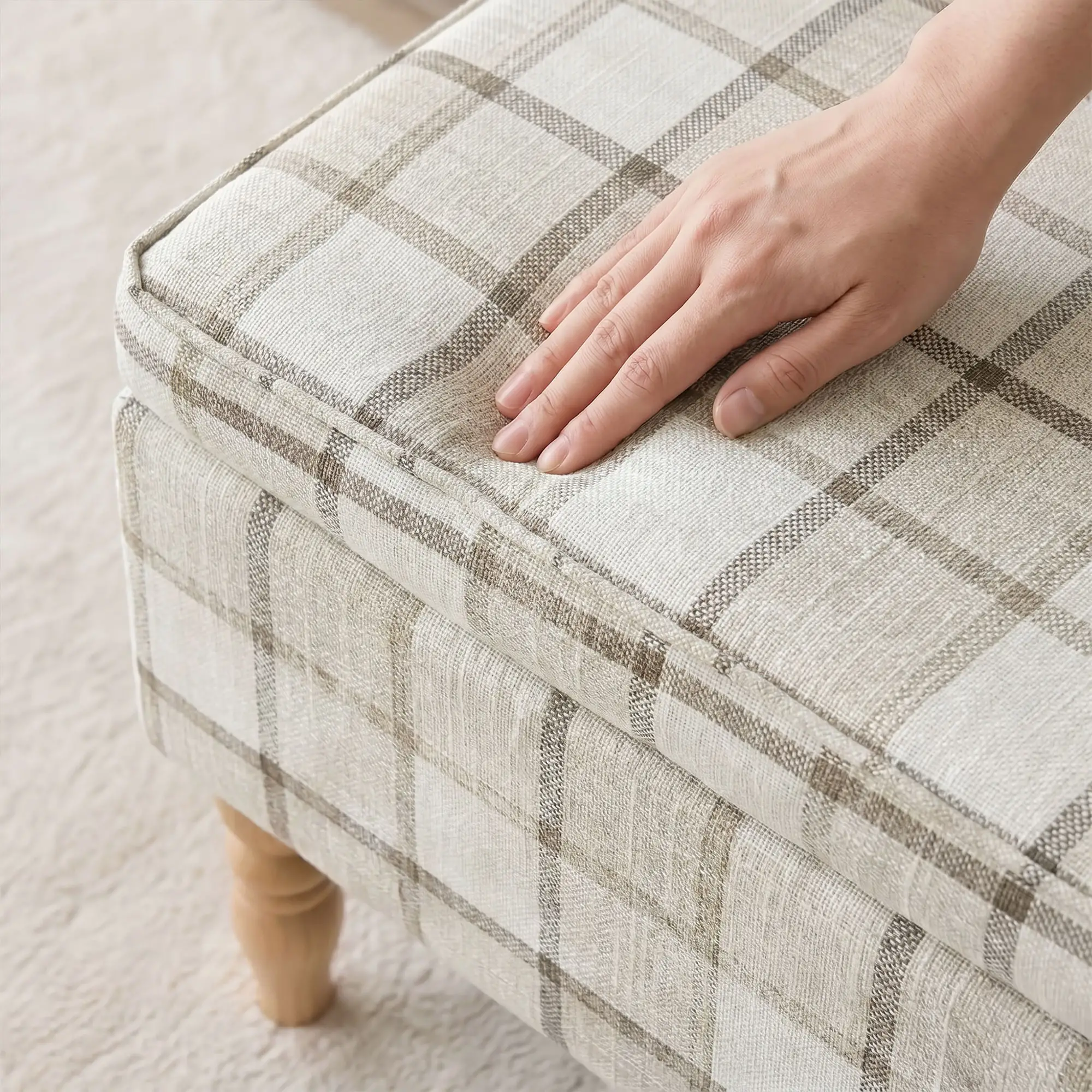 Linen Storage Ottoman 50 x 38 x 39cm - Brown Plaid, Natural Wood - 9