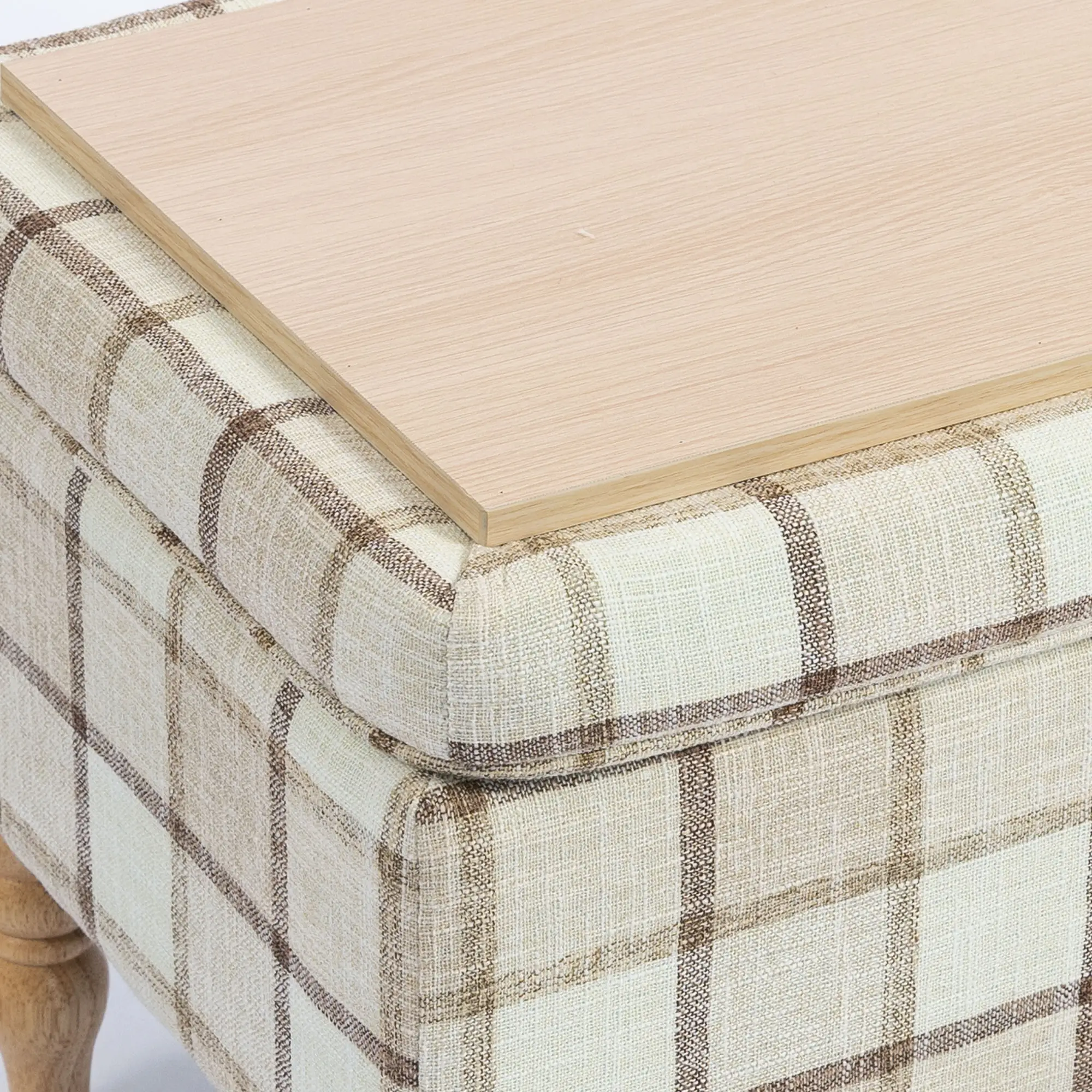 Linen Storage Ottoman 50 x 38 x 39cm - Brown Plaid, Natural Wood - 12