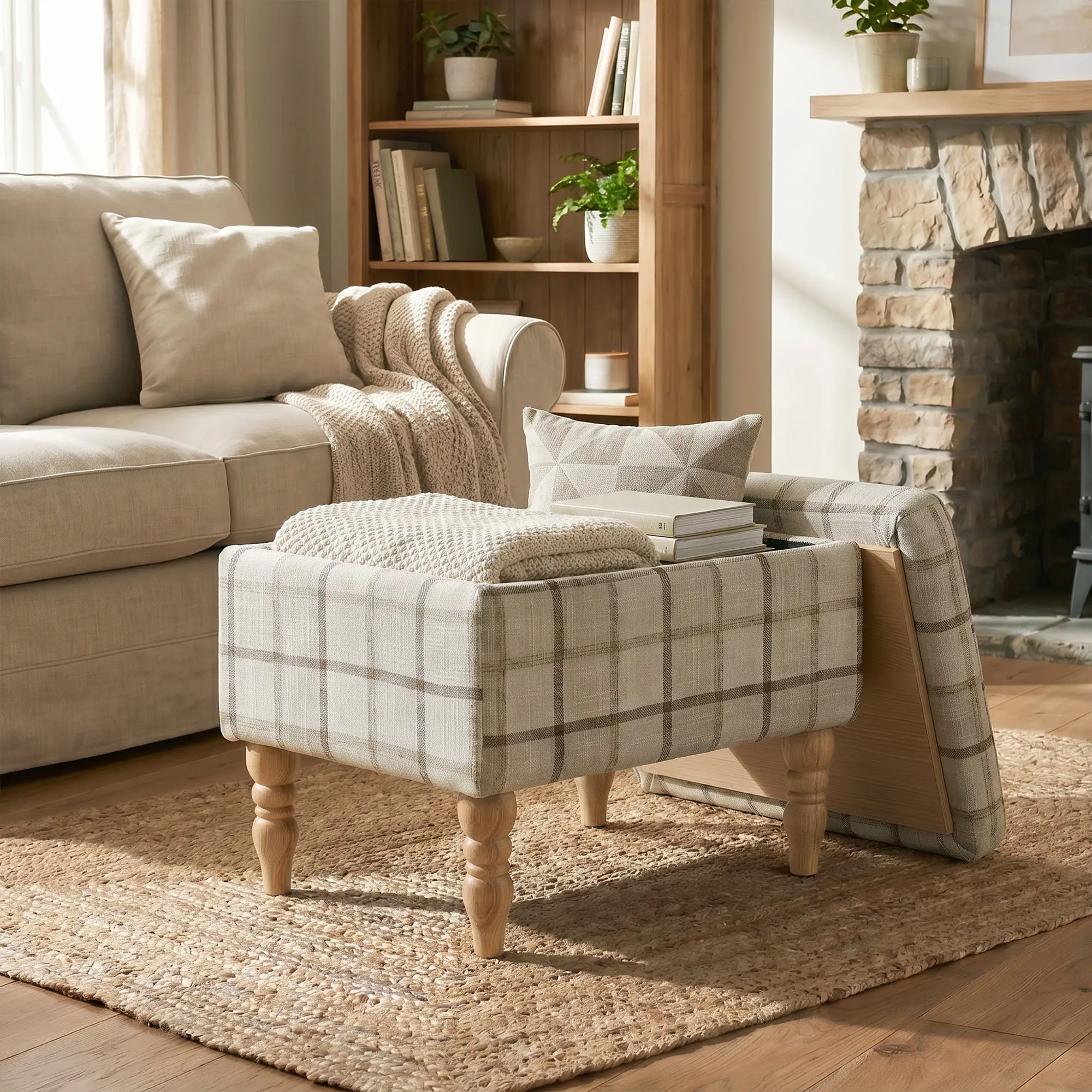 Linen Storage Ottoman 50 x 38 x 39cm - Brown Plaid, Natural Wood - 13