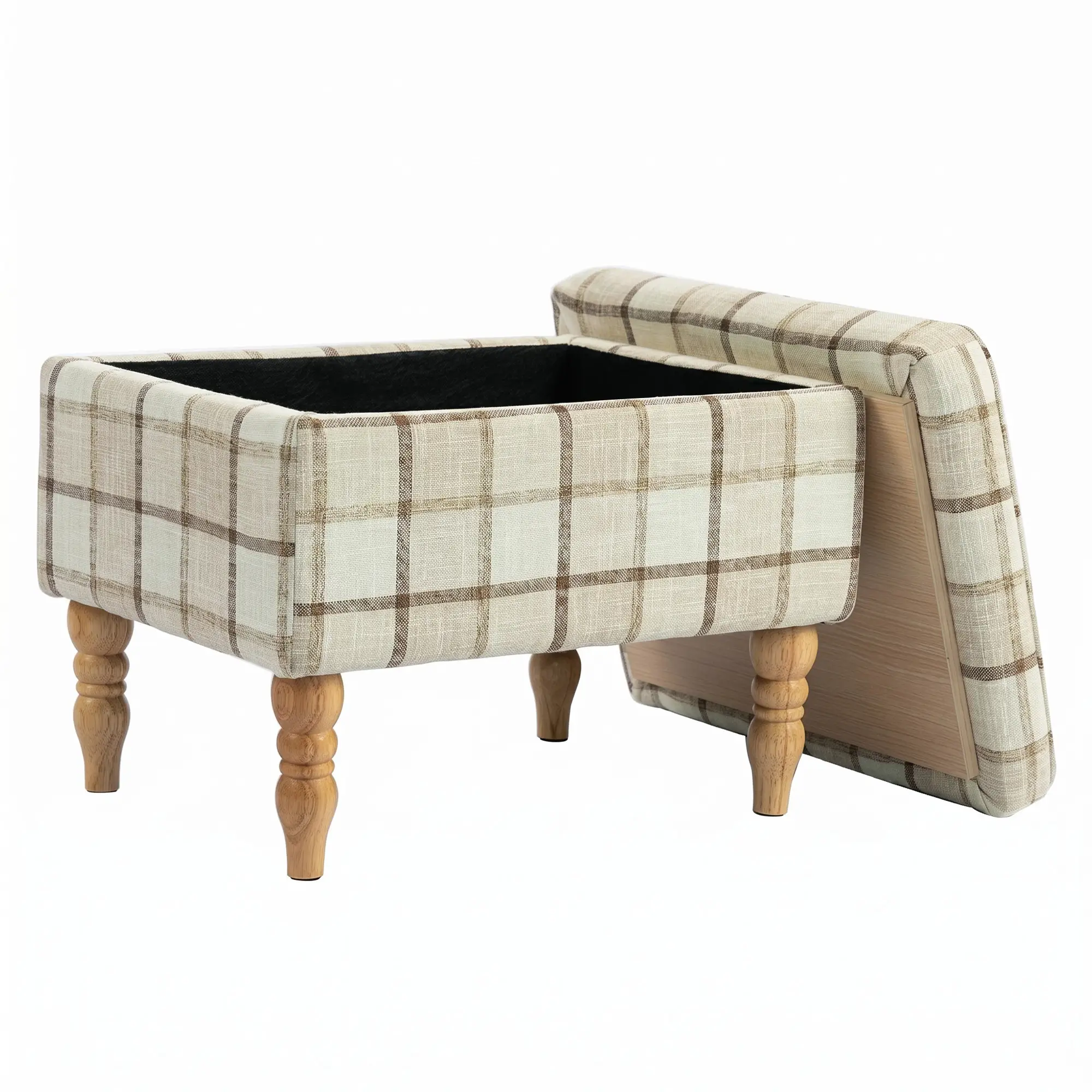 Linen Storage Ottoman 50 x 38 x 39cm - Brown Plaid, Natural Wood - 14