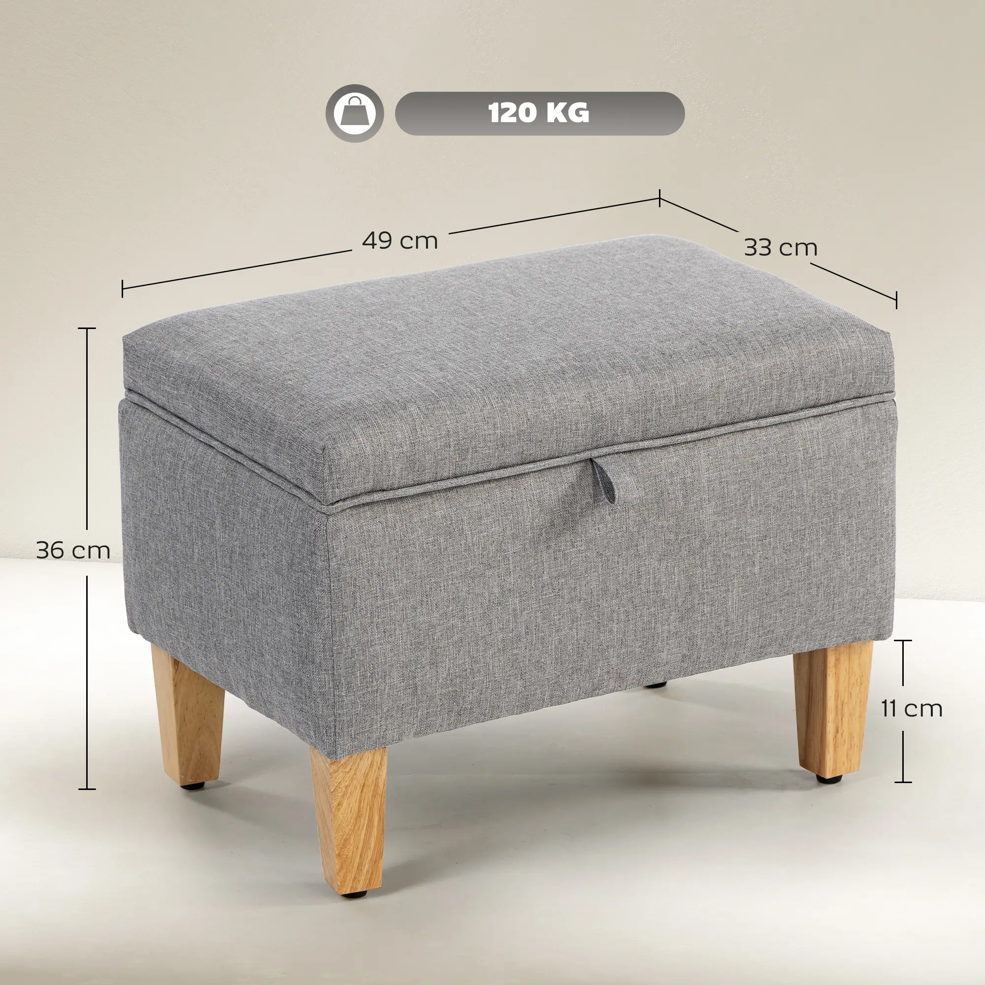 Linen Storage Ottoman Bench 49 x 33 x 36cm - Light Grey - 3