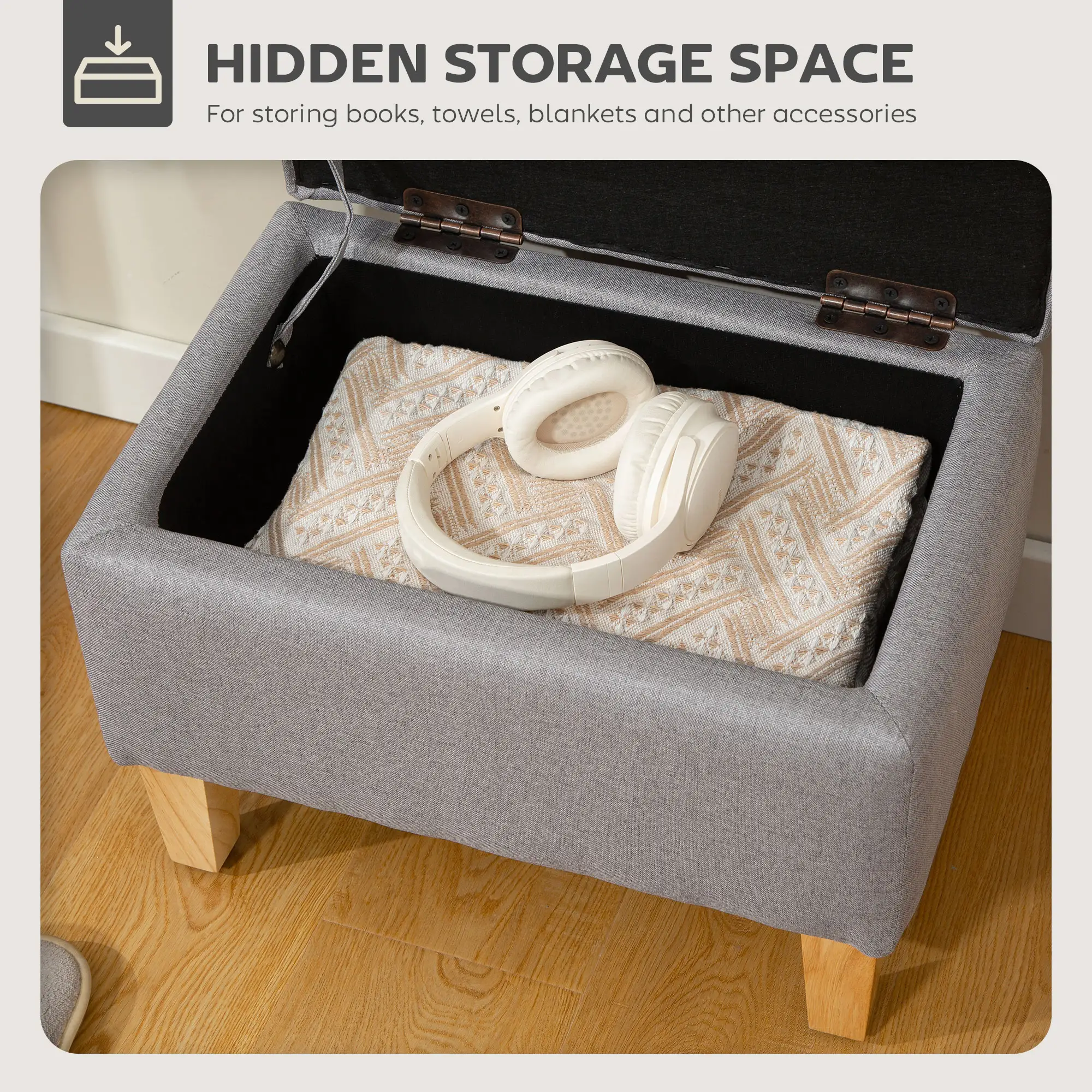 Linen Storage Ottoman Bench 49 x 33 x 36cm - Light Grey - 4