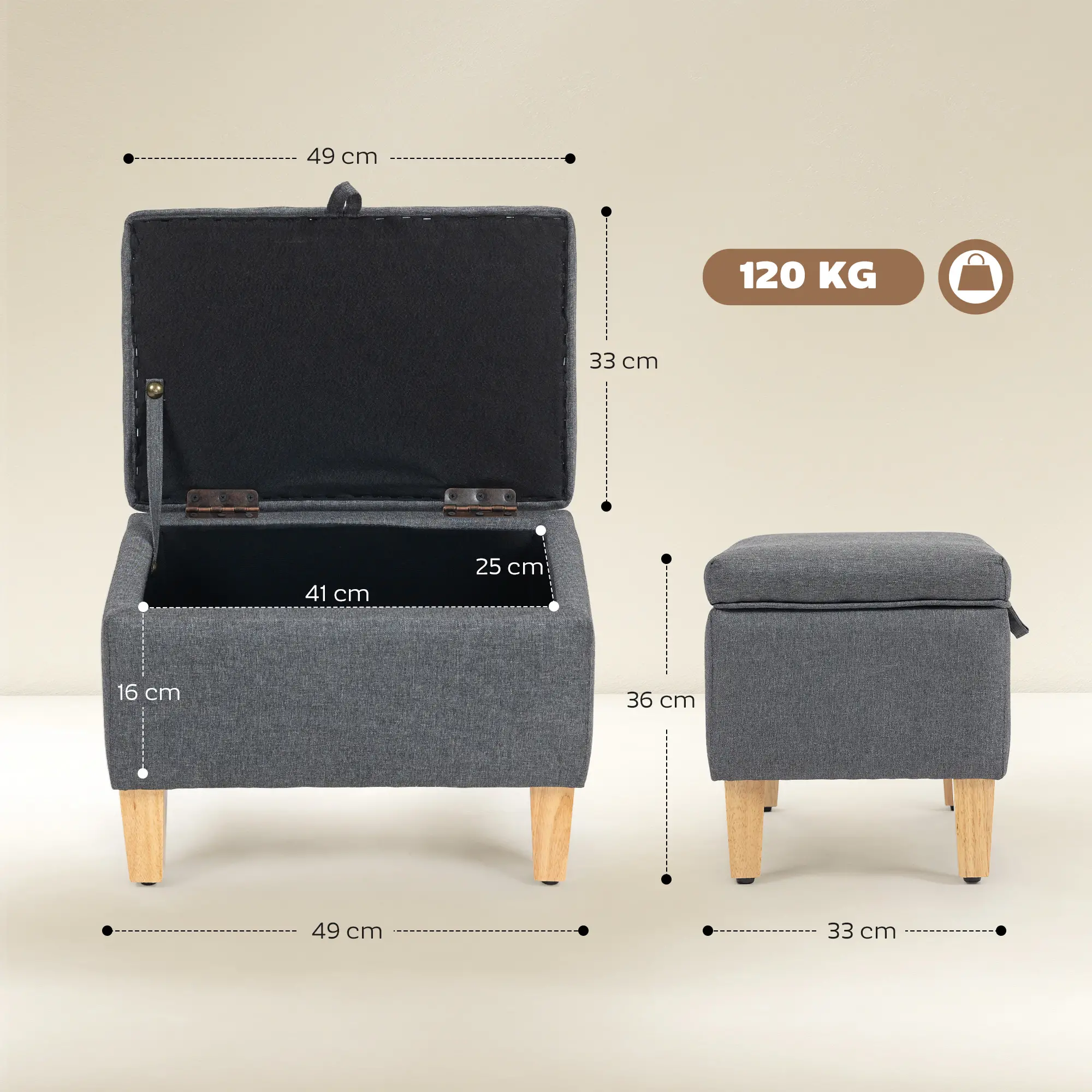 Linen Storage Ottoman Bench 49 x 33 x 36cm - Charcoal Grey - 3