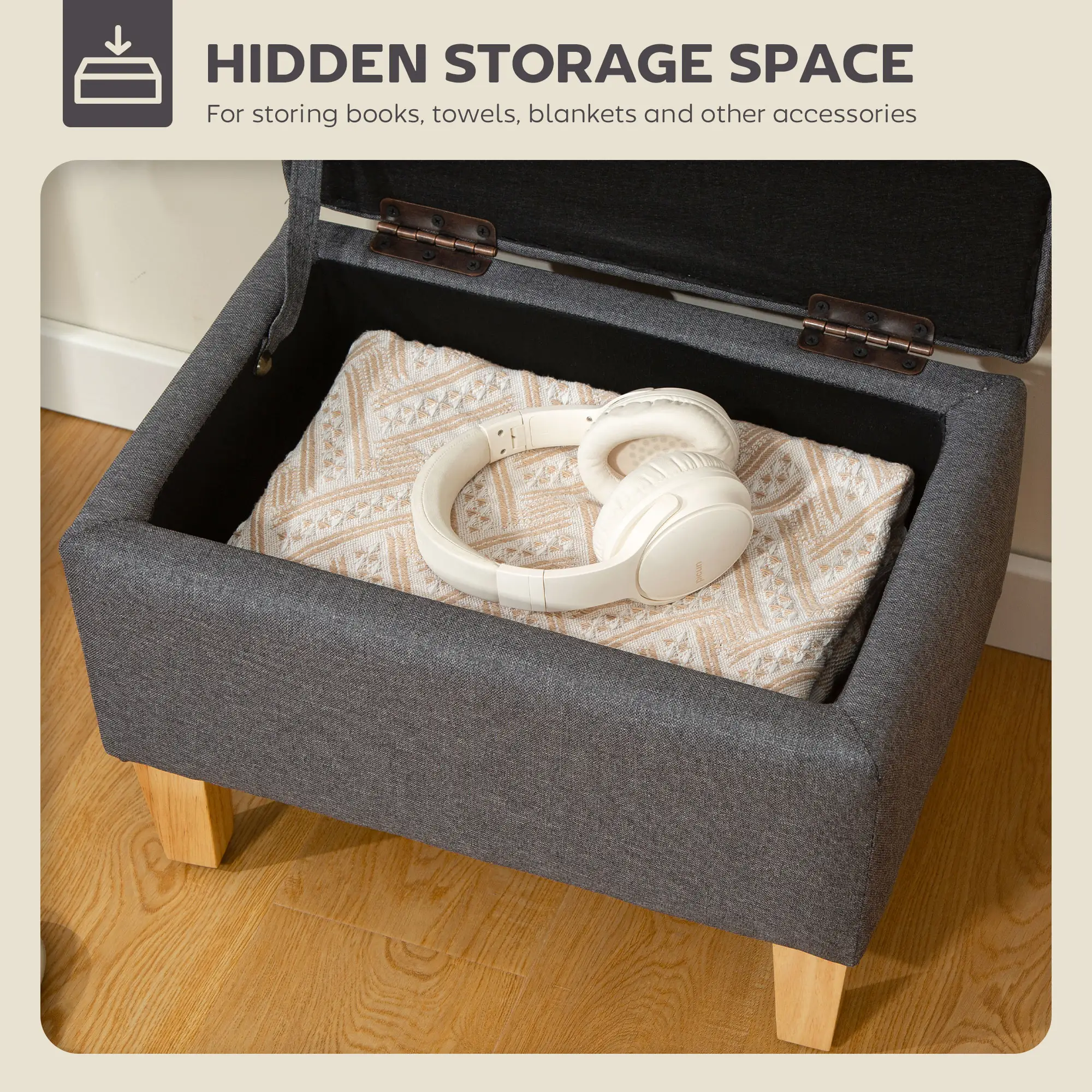 Linen Storage Ottoman Bench 49 x 33 x 36cm - Charcoal Grey - 4