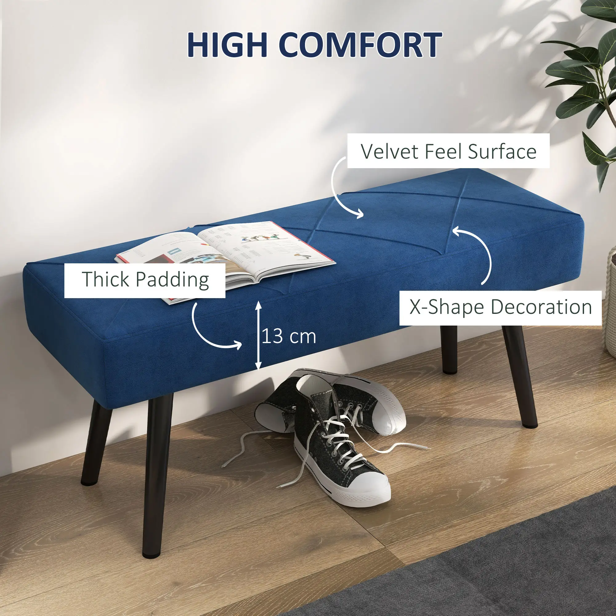 Velvet Ottoman Bench 100 x 36 x 45cm - Blue - 4