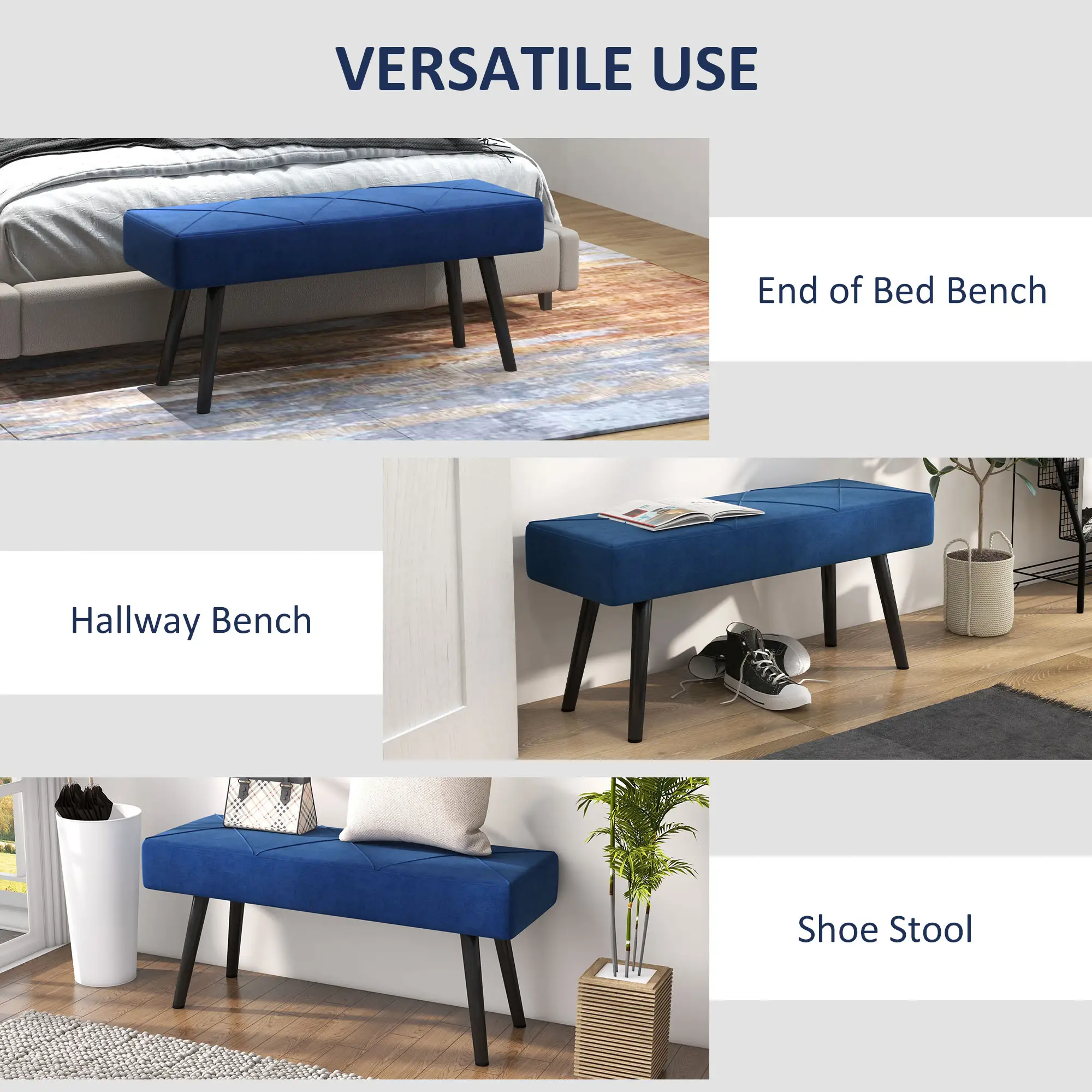 Velvet Ottoman Bench 100 x 36 x 45cm - Blue - 6
