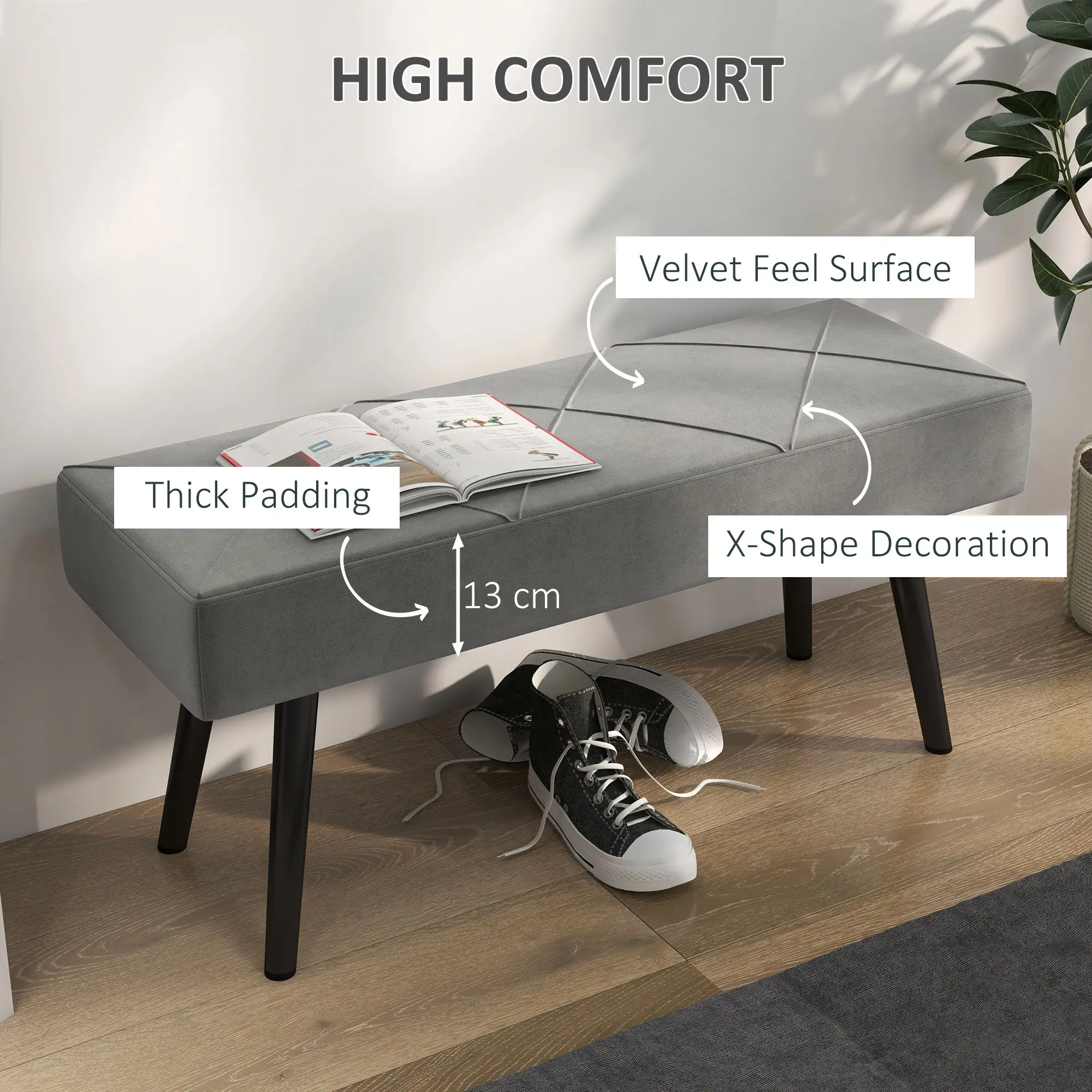 Velvet Ottoman Bench 100 x 36 x 45cm - Grey - 4