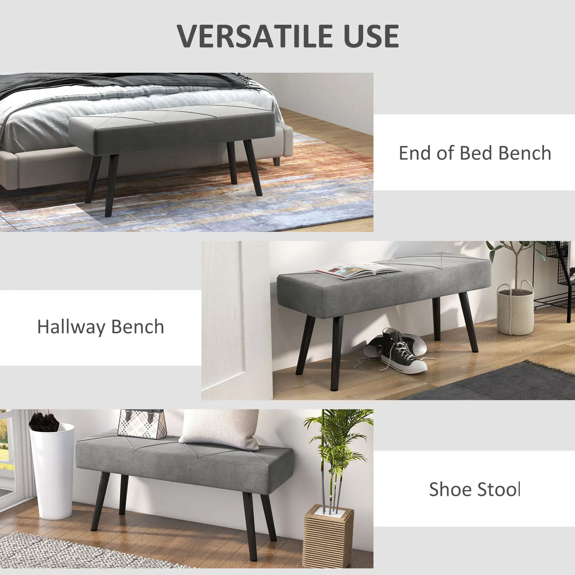 Velvet Ottoman Bench 100 x 36 x 45cm - Grey - 6