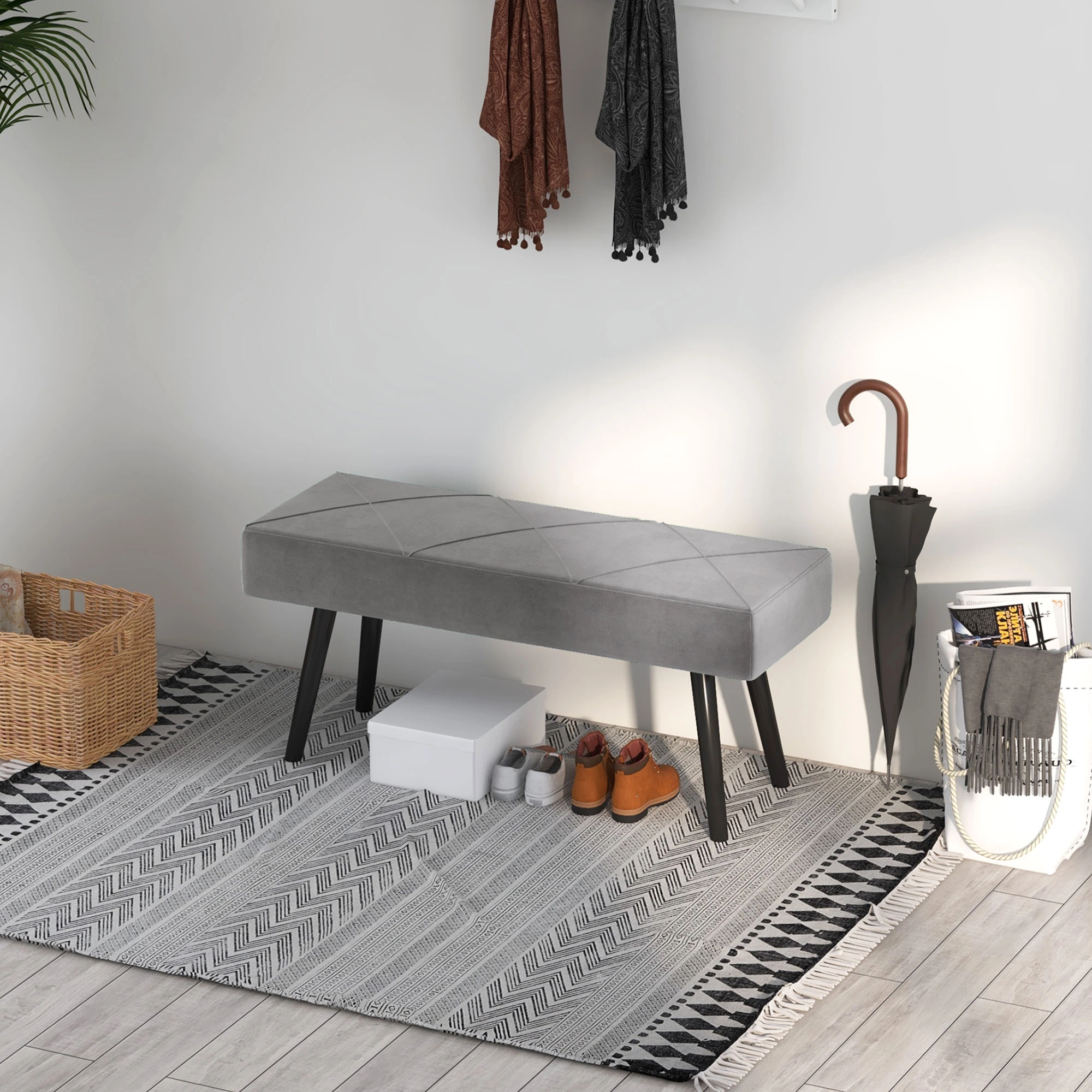 Velvet Ottoman Bench 100 x 36 x 45cm - Grey - 9