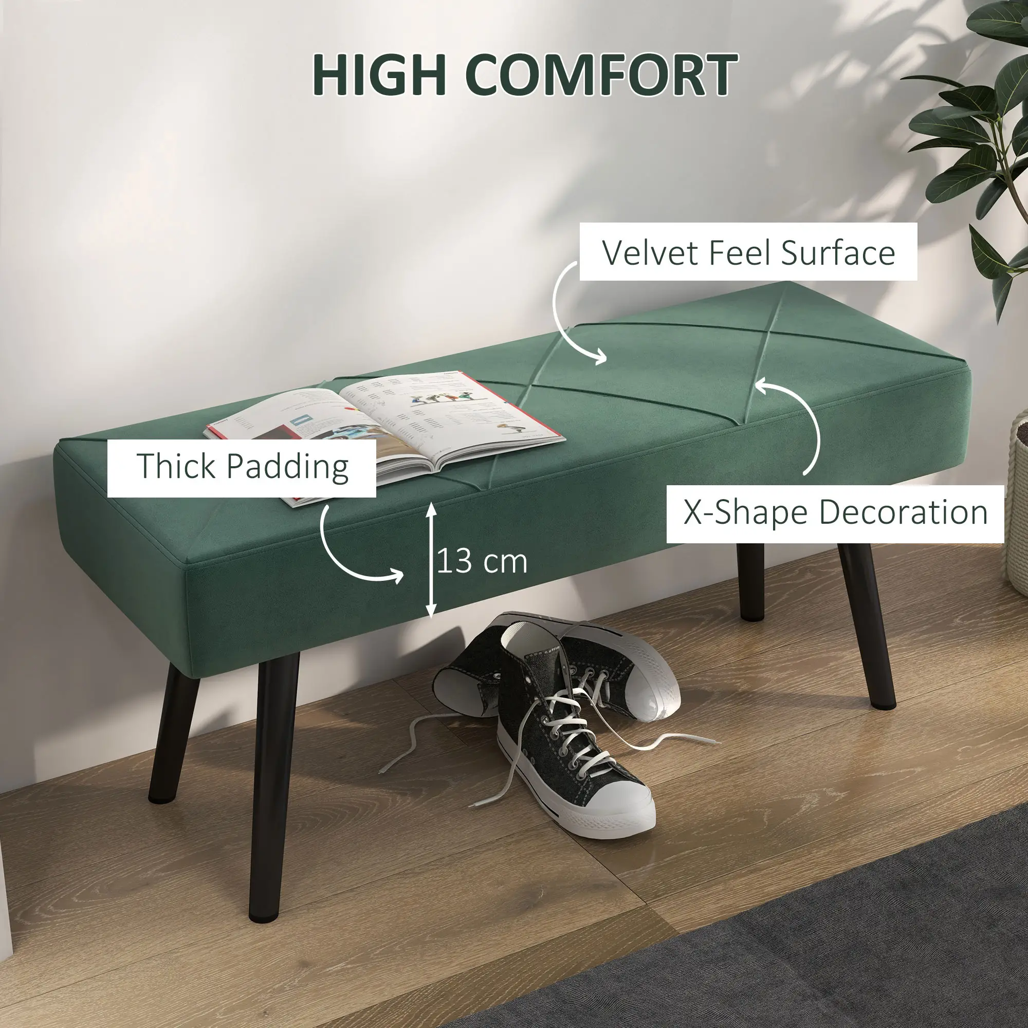 Velvet Ottoman Bench 100 x 36 x 45cm - Green - 4