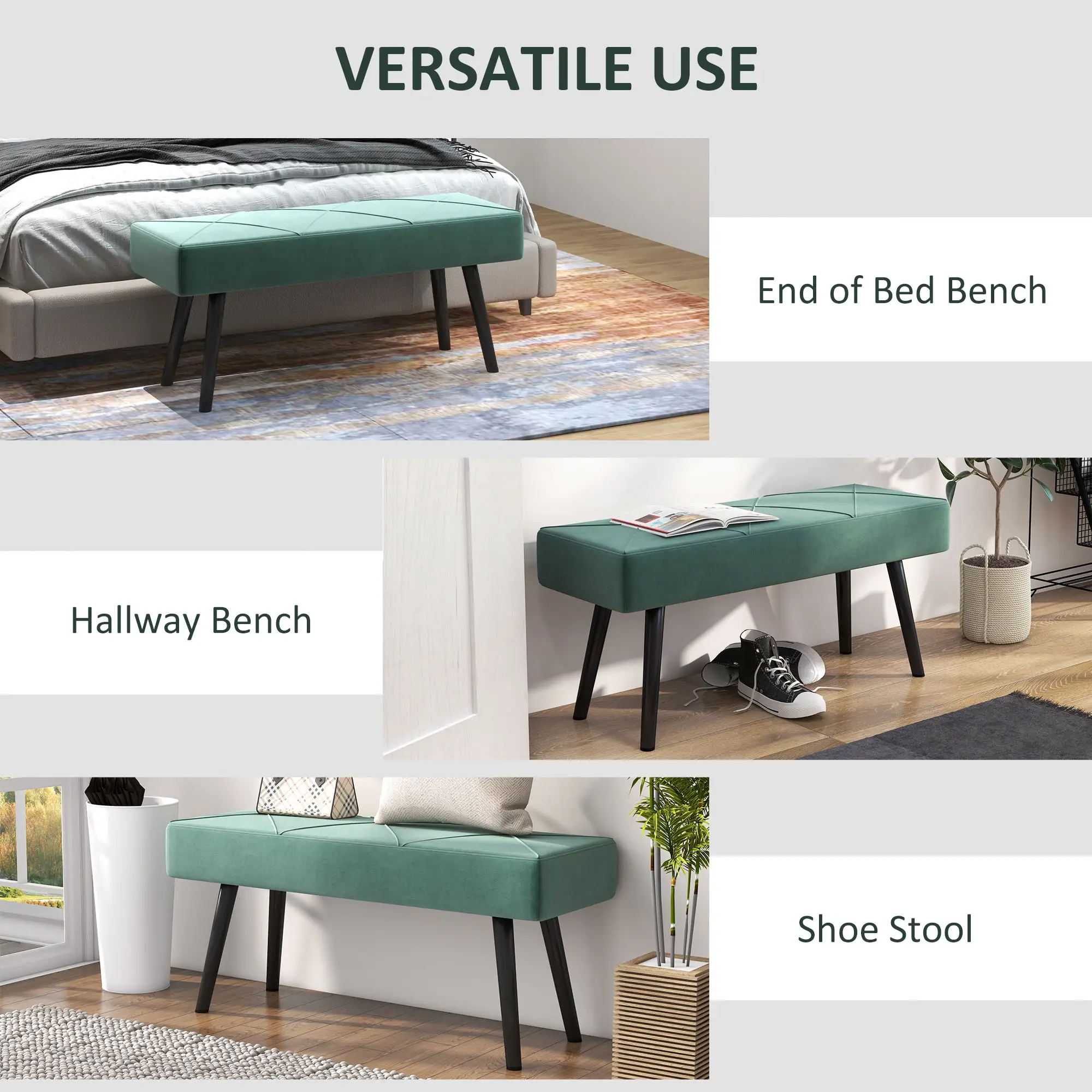 Velvet Ottoman Bench 100 x 36 x 45cm - Green - 6
