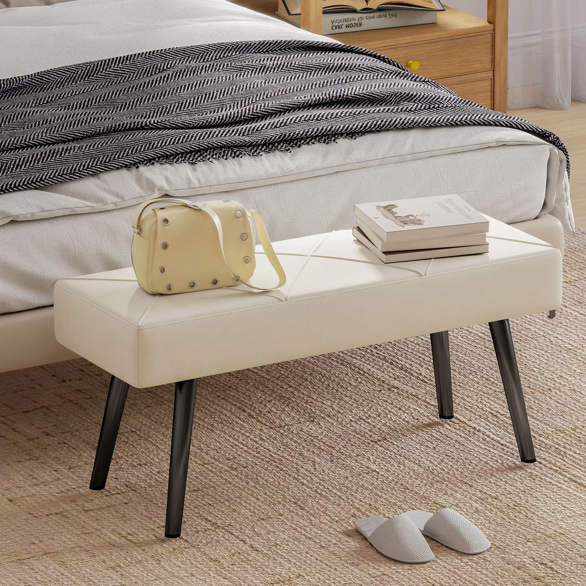 Velvet Ottoman Bench 100 x 36 x 45cm - Cream - 2