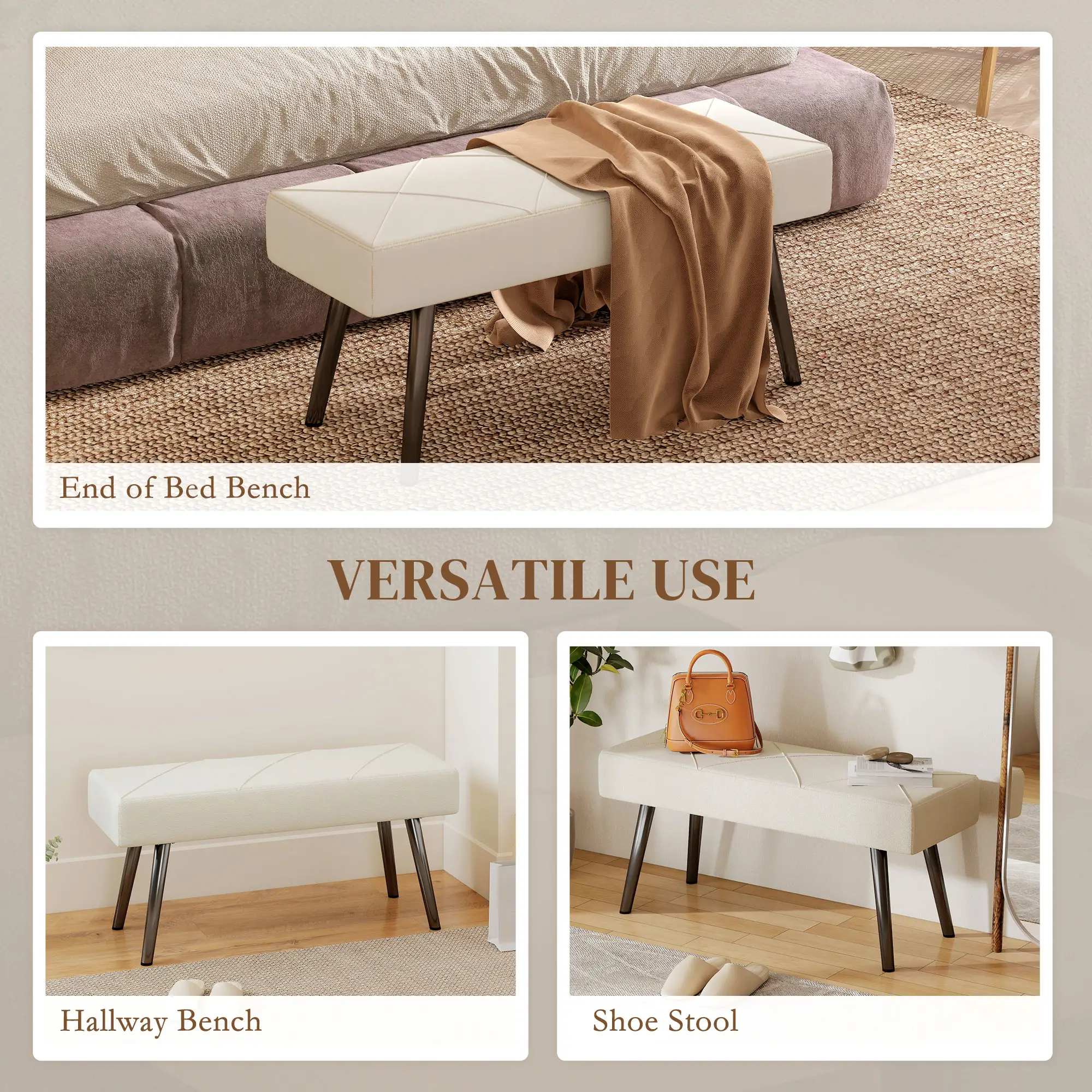 Velvet Ottoman Bench 100 x 36 x 45cm - Cream - 6
