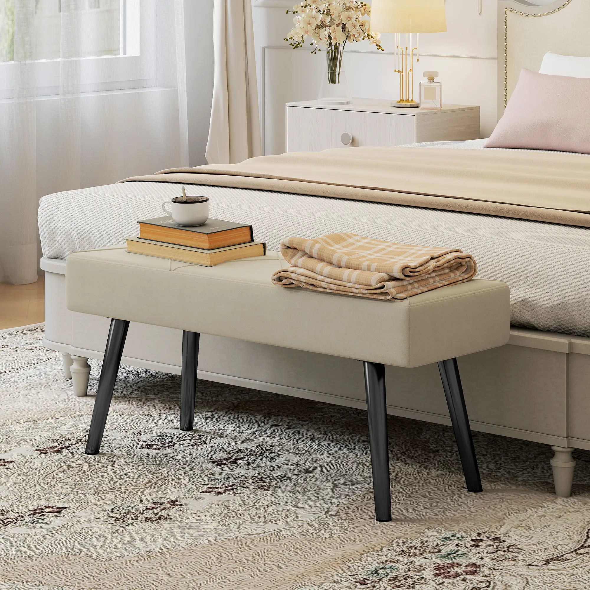 Velvet Ottoman Bench 100 x 36 x 45cm - Cream - 13