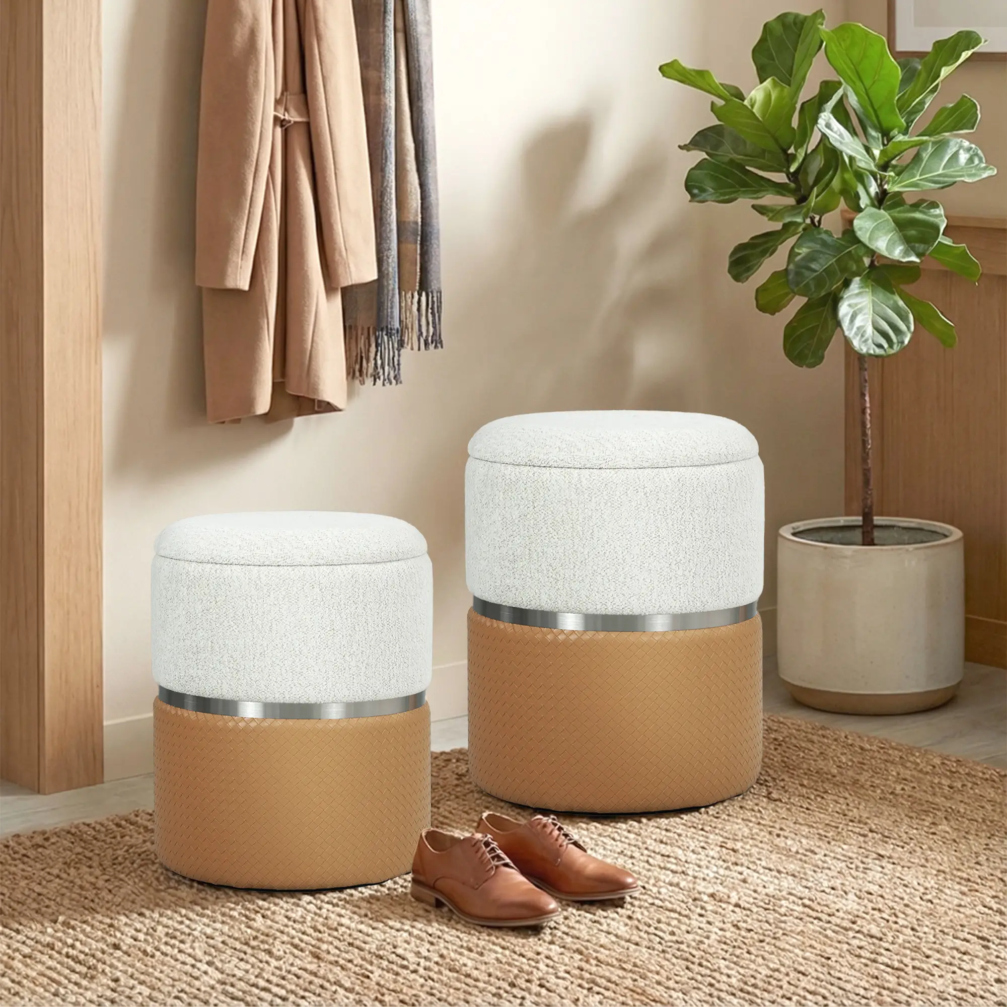 Round Set of 2 Chenille Storage Ottoman 36 x 45 x 31.5cm - Brown, Cream - 2