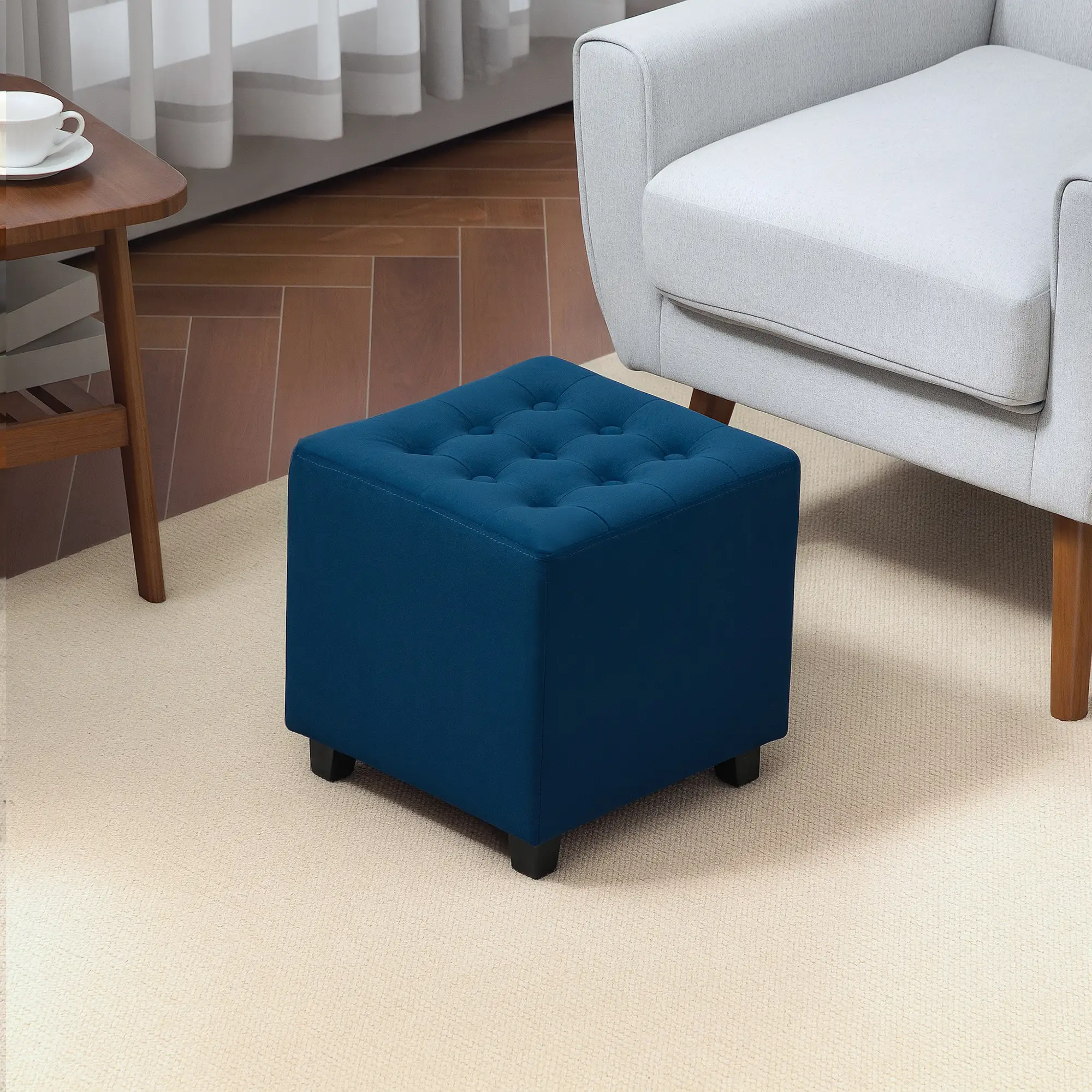 Square Velvet Footstool 35 x 35 x 35cm - Blue - 2