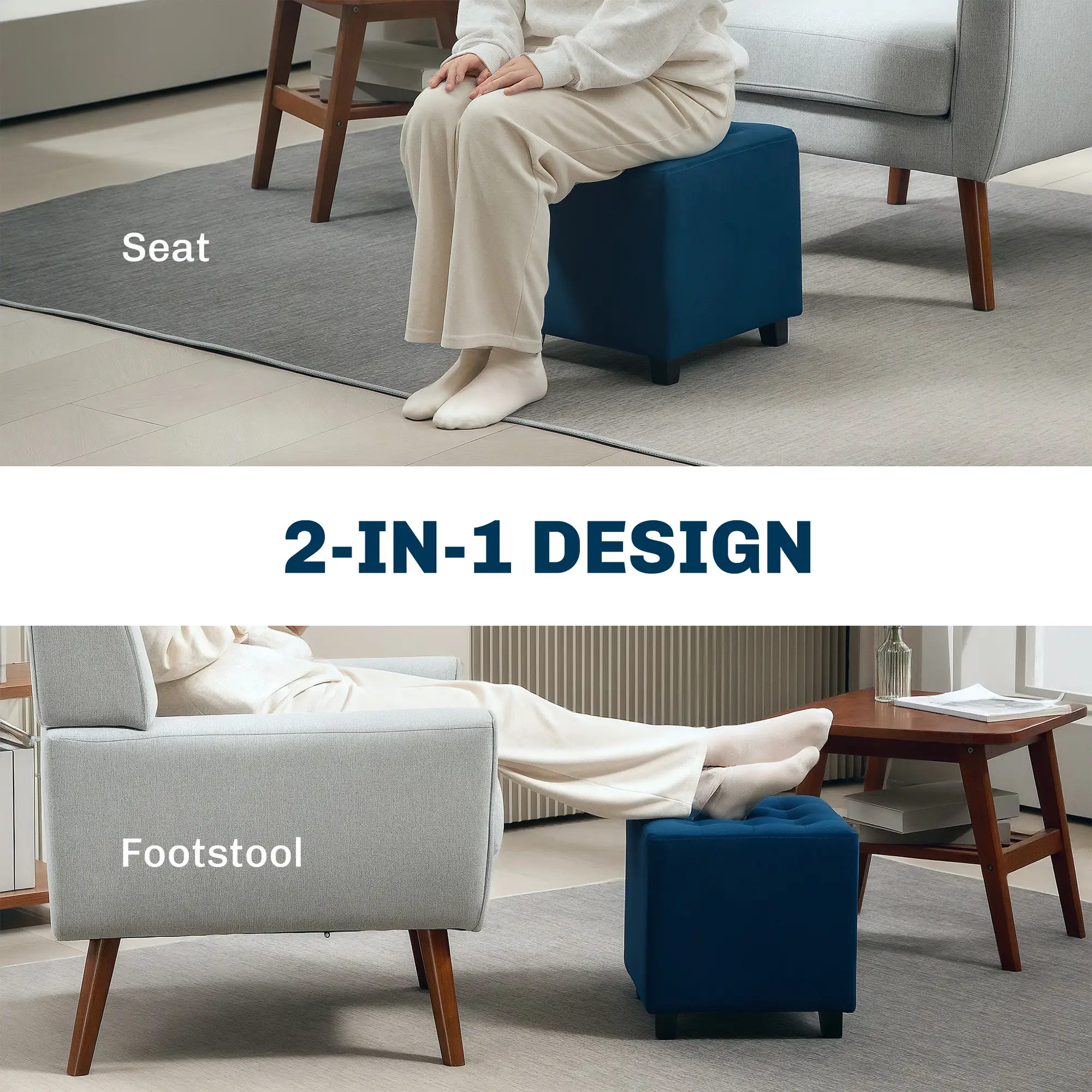 Square Velvet Footstool 35 x 35 x 35cm - Blue - 4