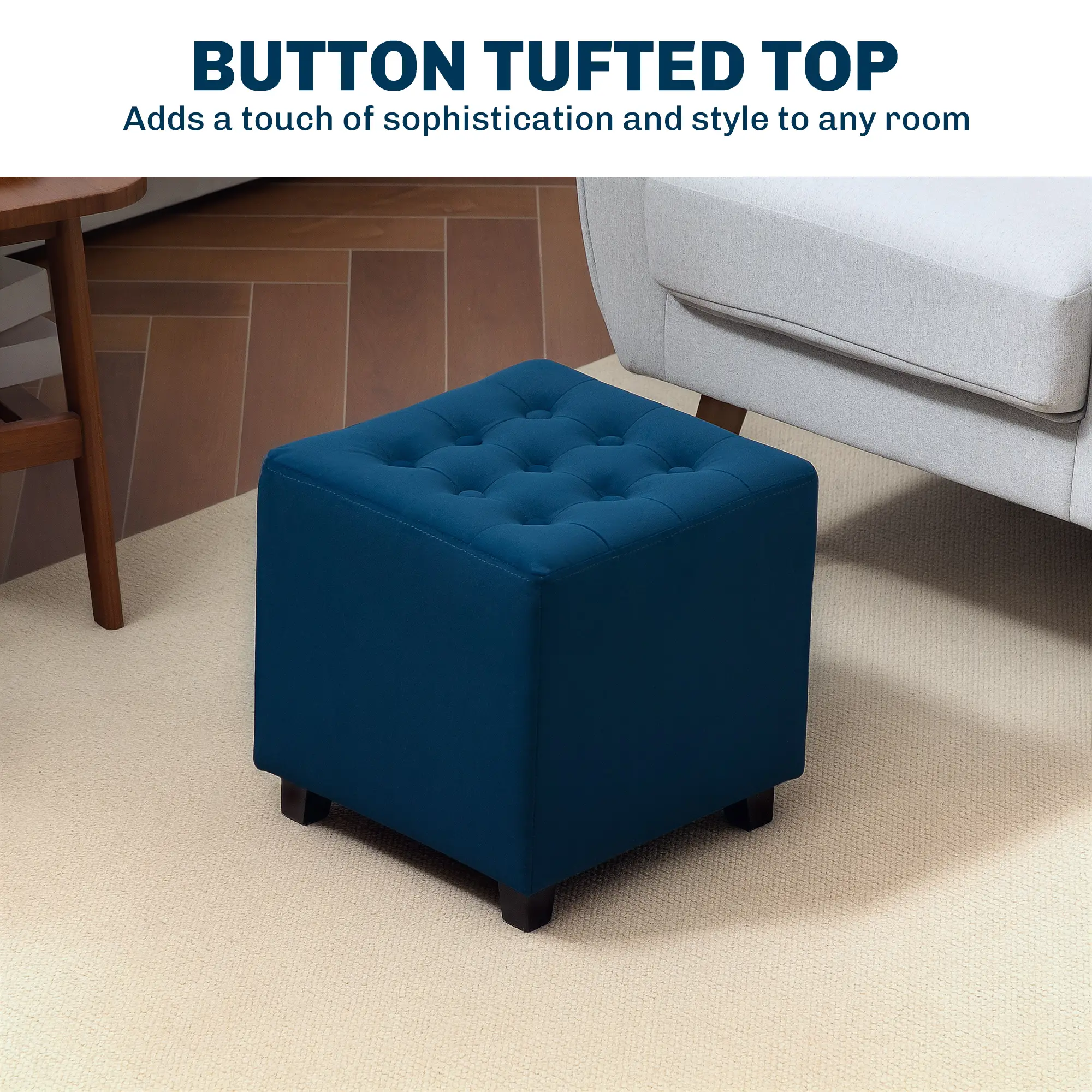 Square Velvet Footstool 35 x 35 x 35cm - Blue - 7