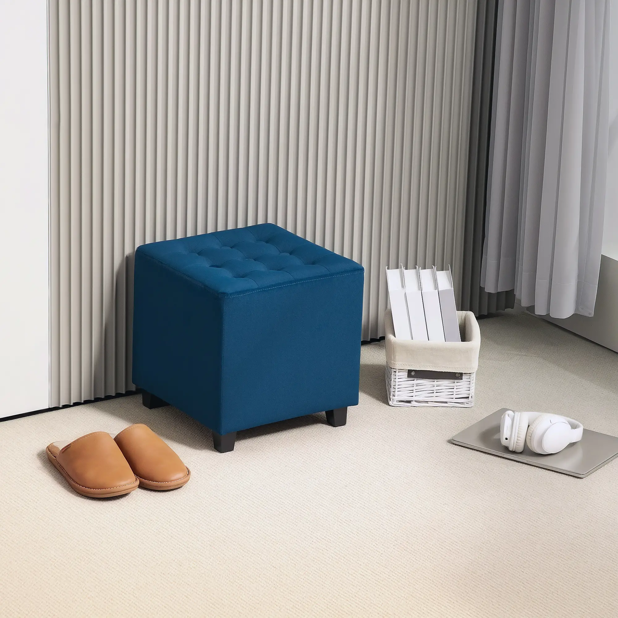 Square Velvet Footstool 35 x 35 x 35cm - Blue - 10