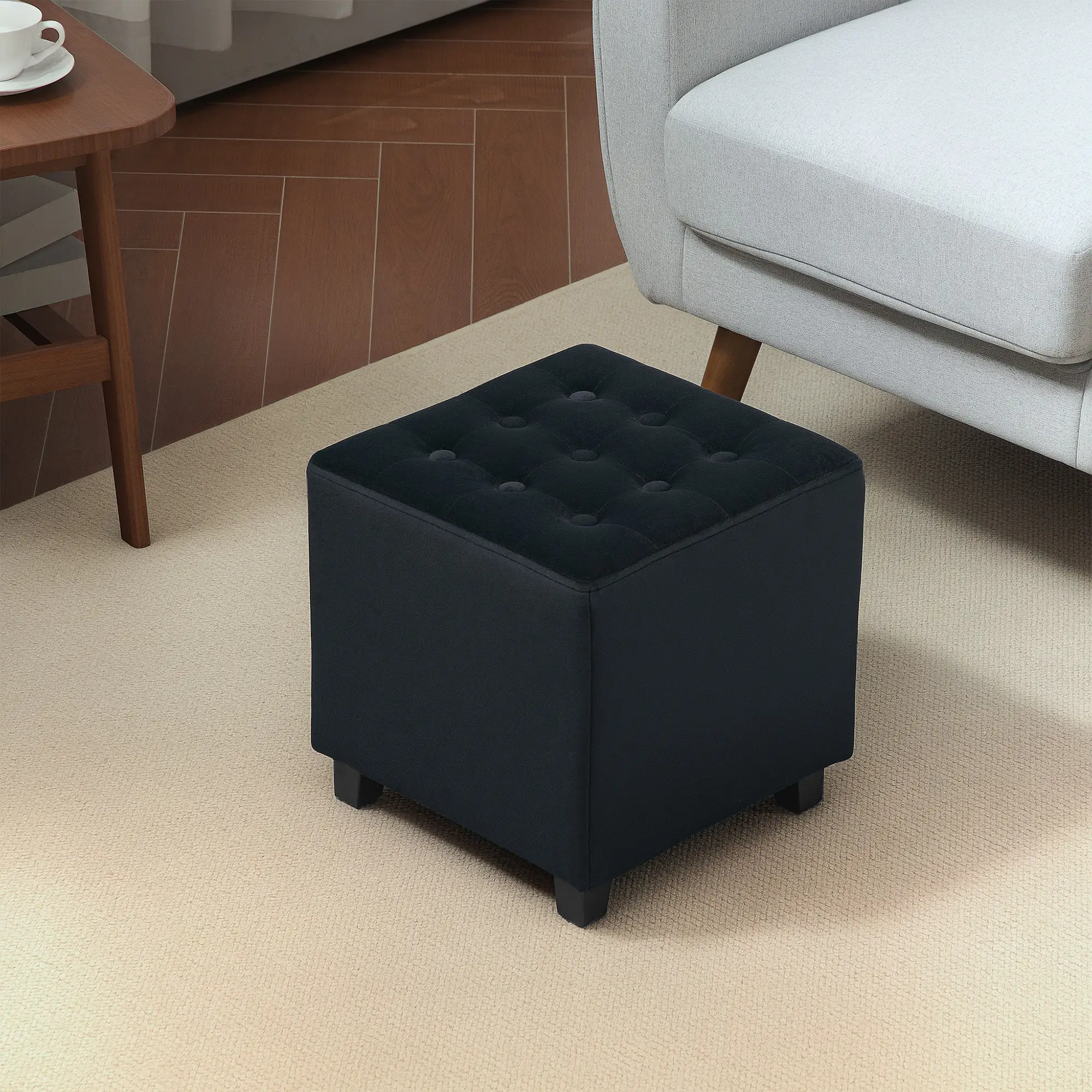Square Velvet Footstool 35 x 35 x 35cm - Charcoal Grey - 2