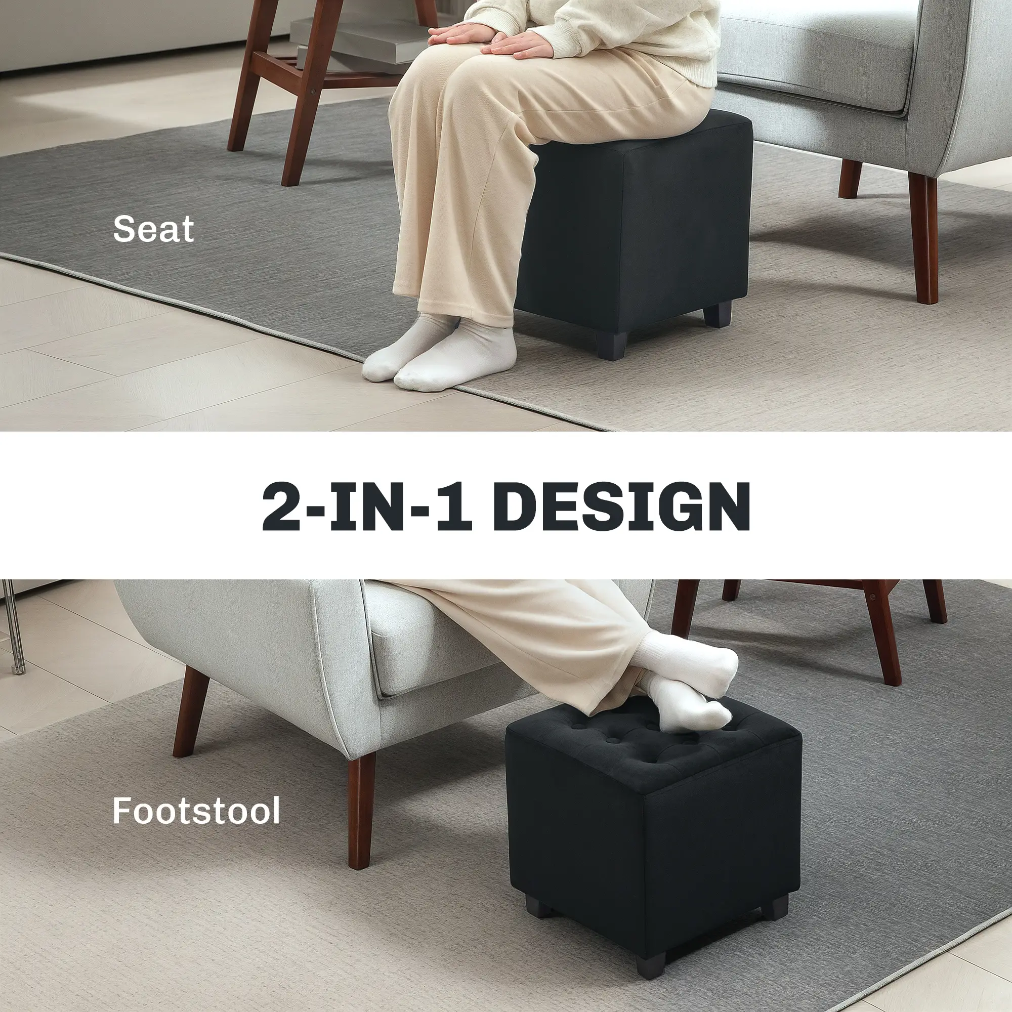 Square Velvet Footstool 35 x 35 x 35cm - Charcoal Grey - 4