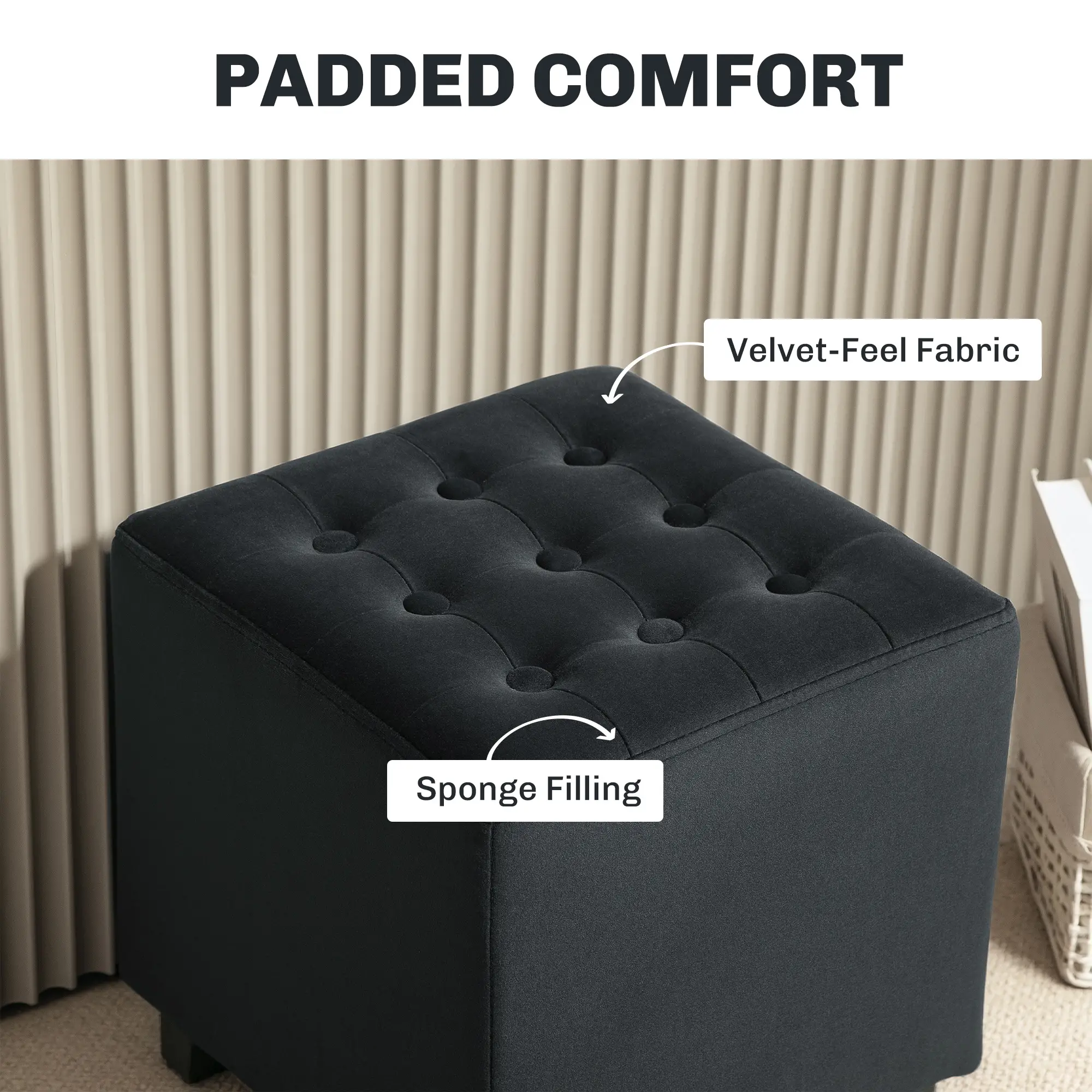 Square Velvet Footstool 35 x 35 x 35cm - Charcoal Grey - 5