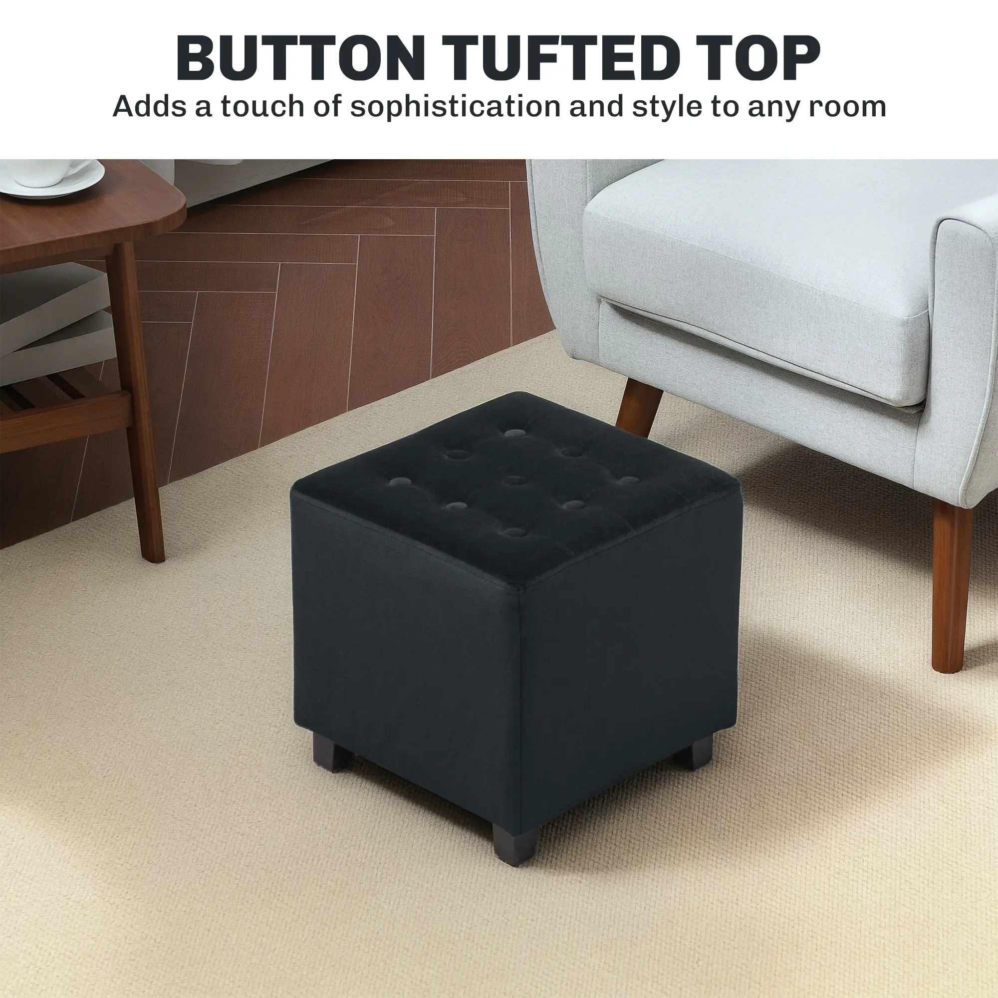 Square Velvet Footstool 35 x 35 x 35cm - Charcoal Grey - 7