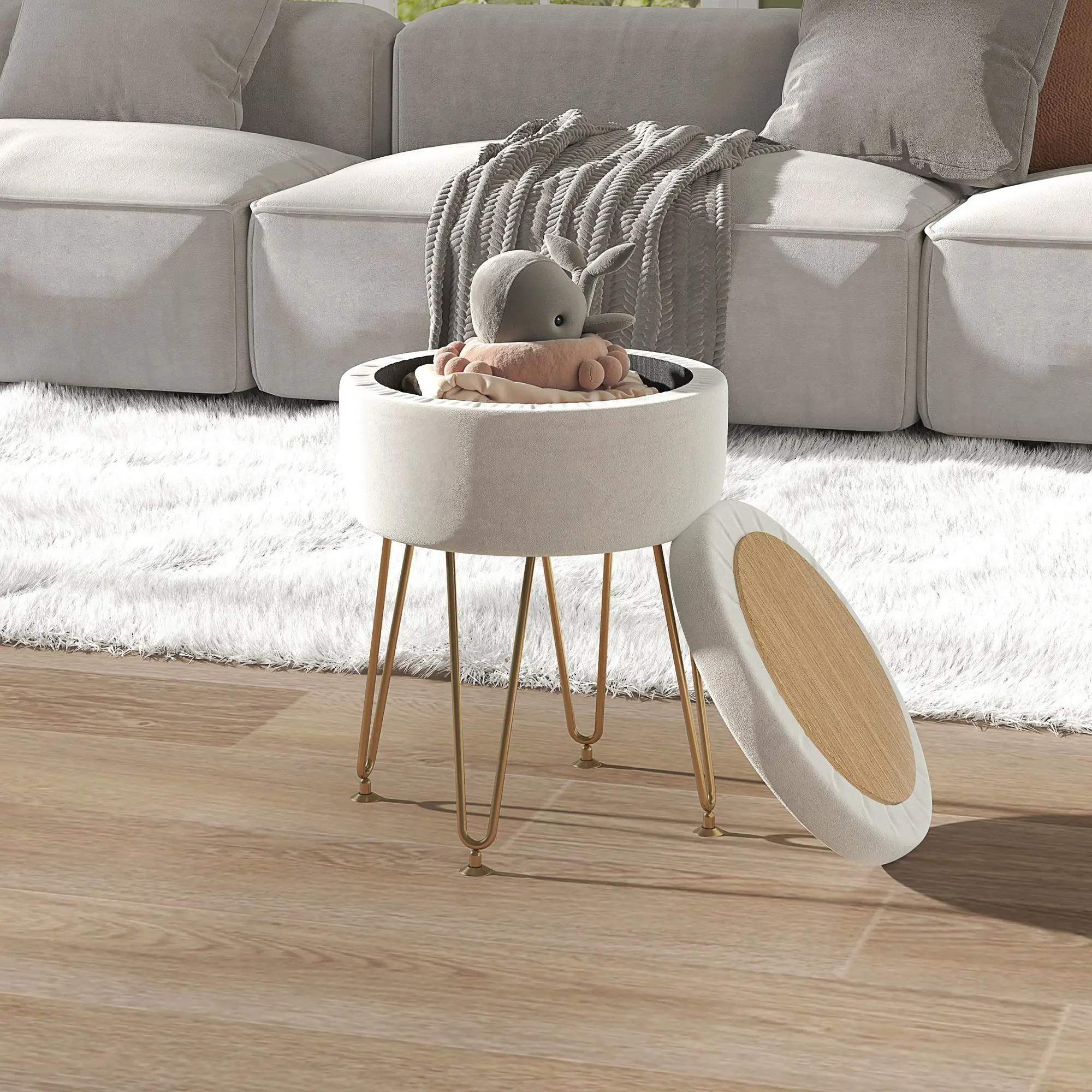 Velvet Storage Ottoman 33 x 43cm - Cream White - 2