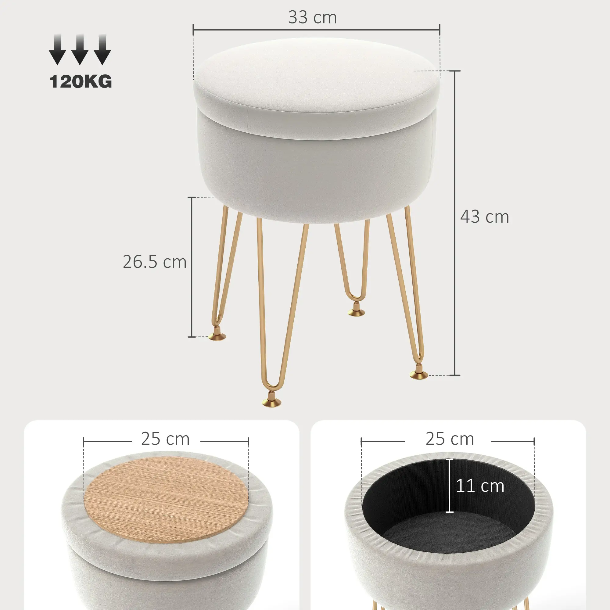 Velvet Storage Ottoman 33 x 43cm - Cream White - 3
