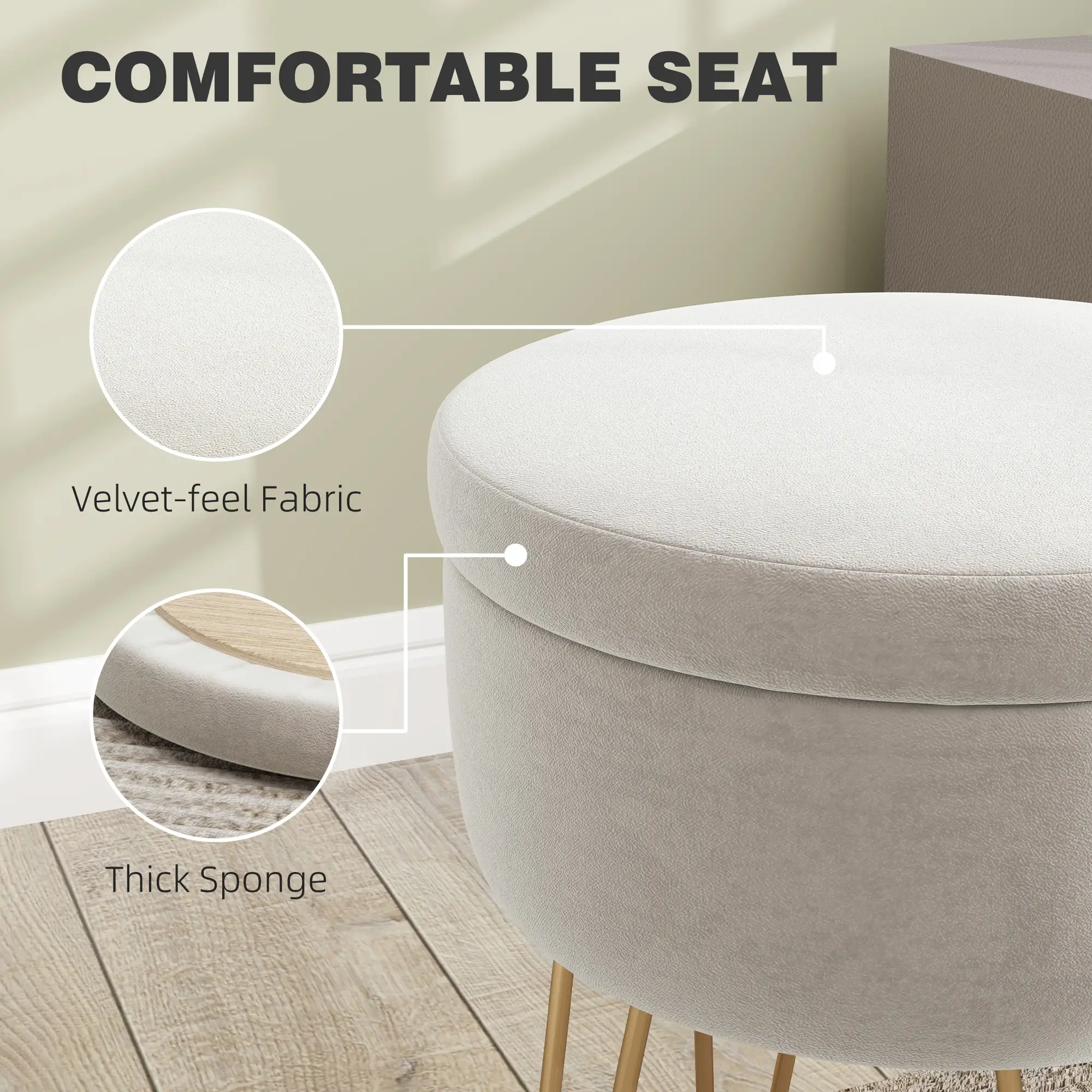 Velvet Storage Ottoman 33 x 43cm - Cream White - 6
