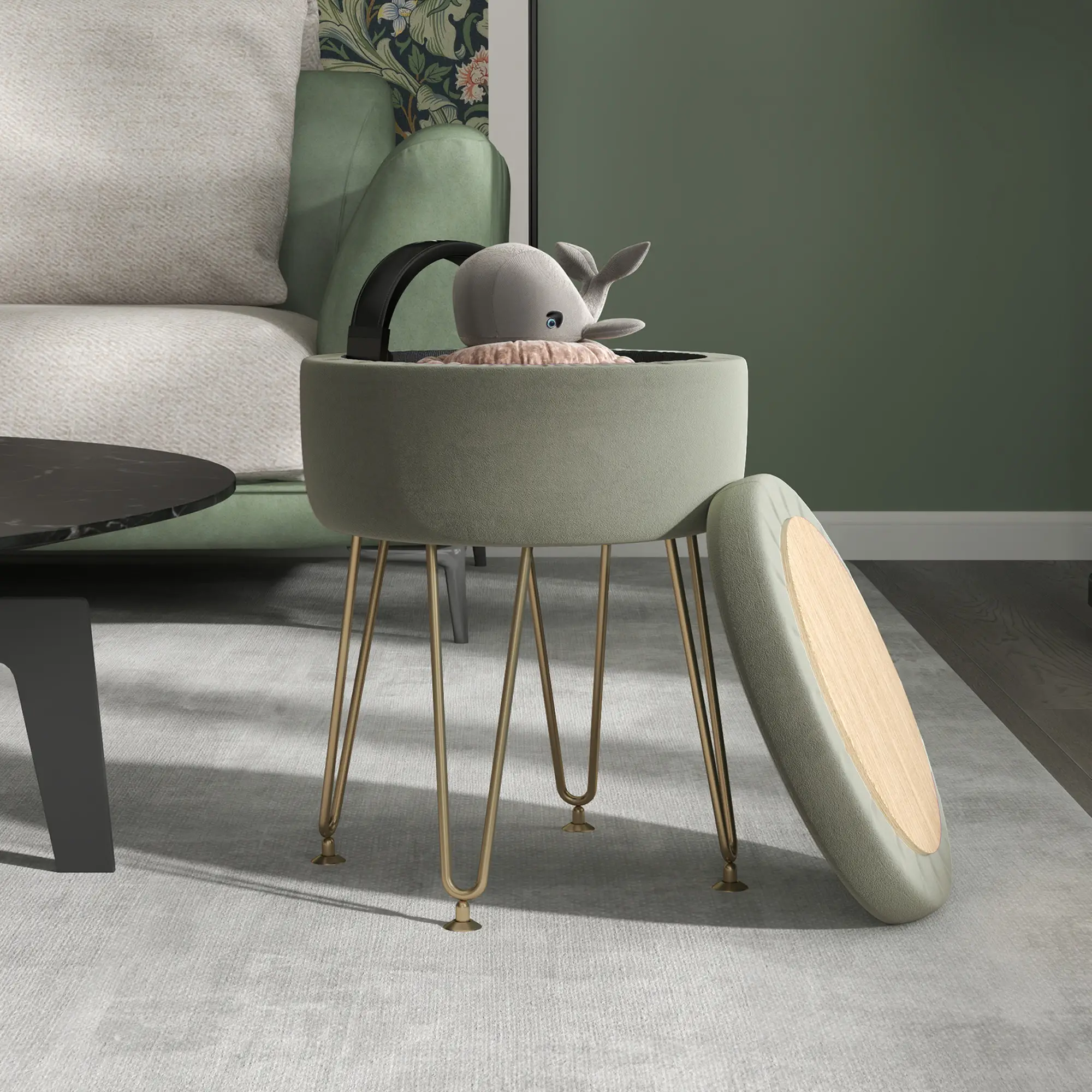 Velvet Storage Ottoman 33 x 43cm - Green - 2