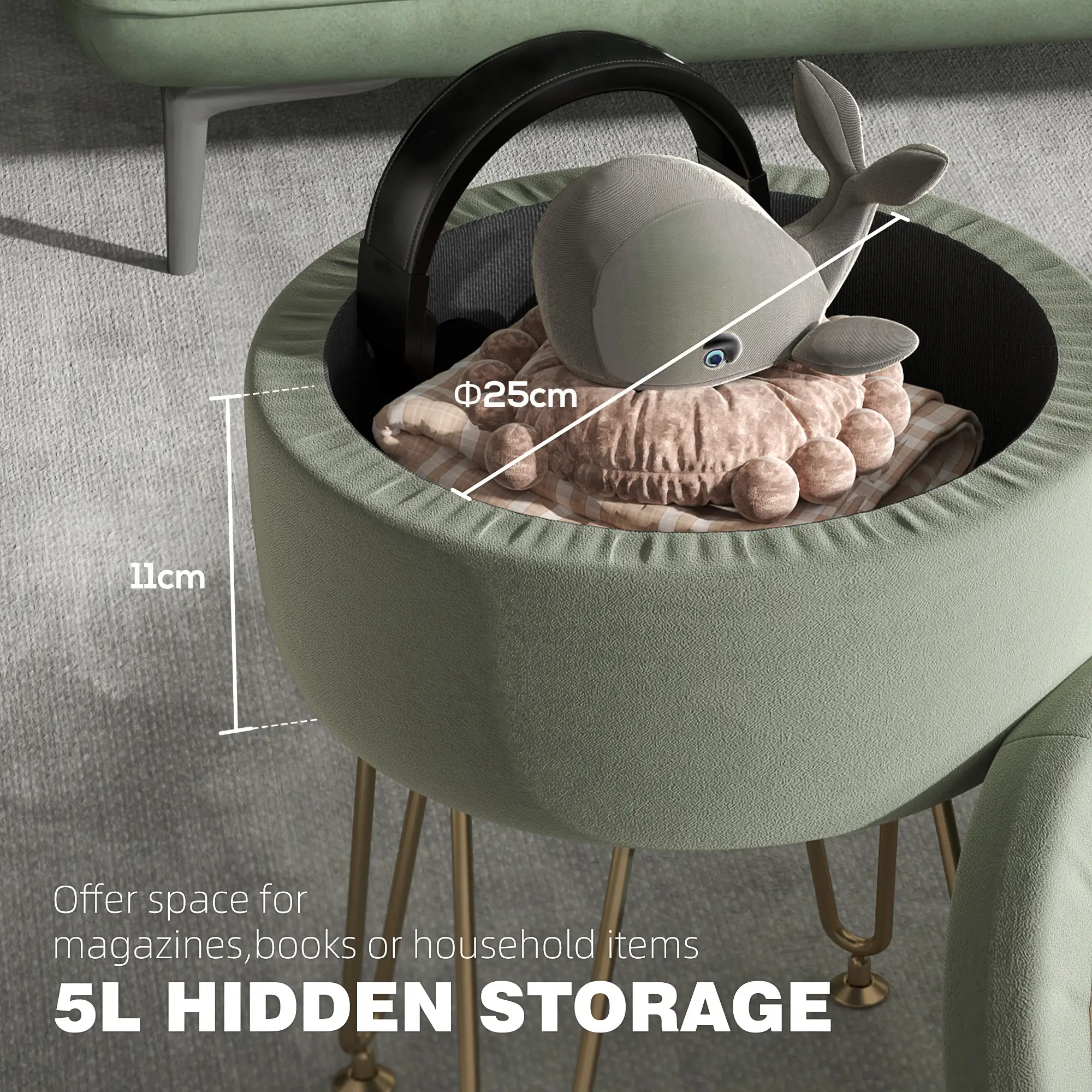 Velvet Storage Ottoman 33 x 43cm - Green - 4